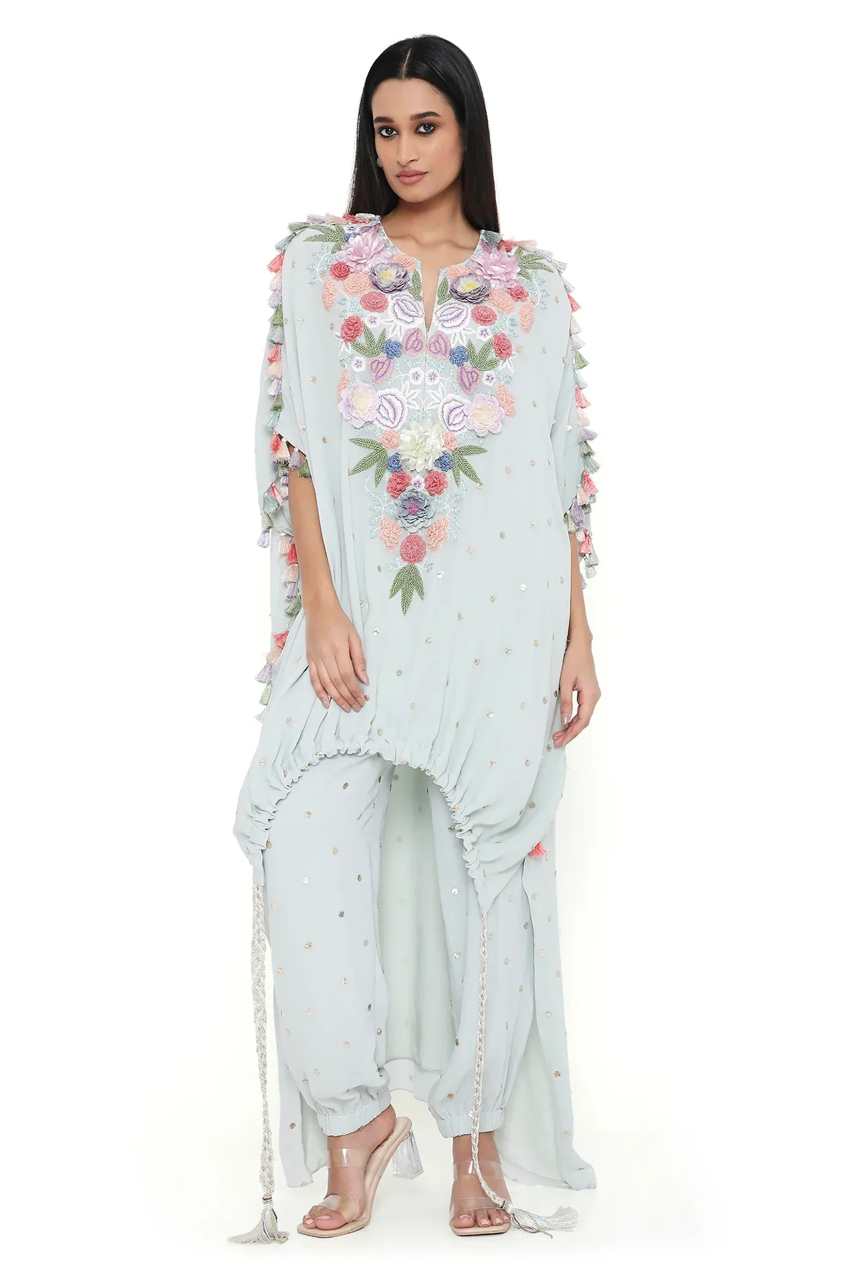 Aria Sea Foam Embroidered High Low Kaftan with Jogger Pant by Payal Singhal