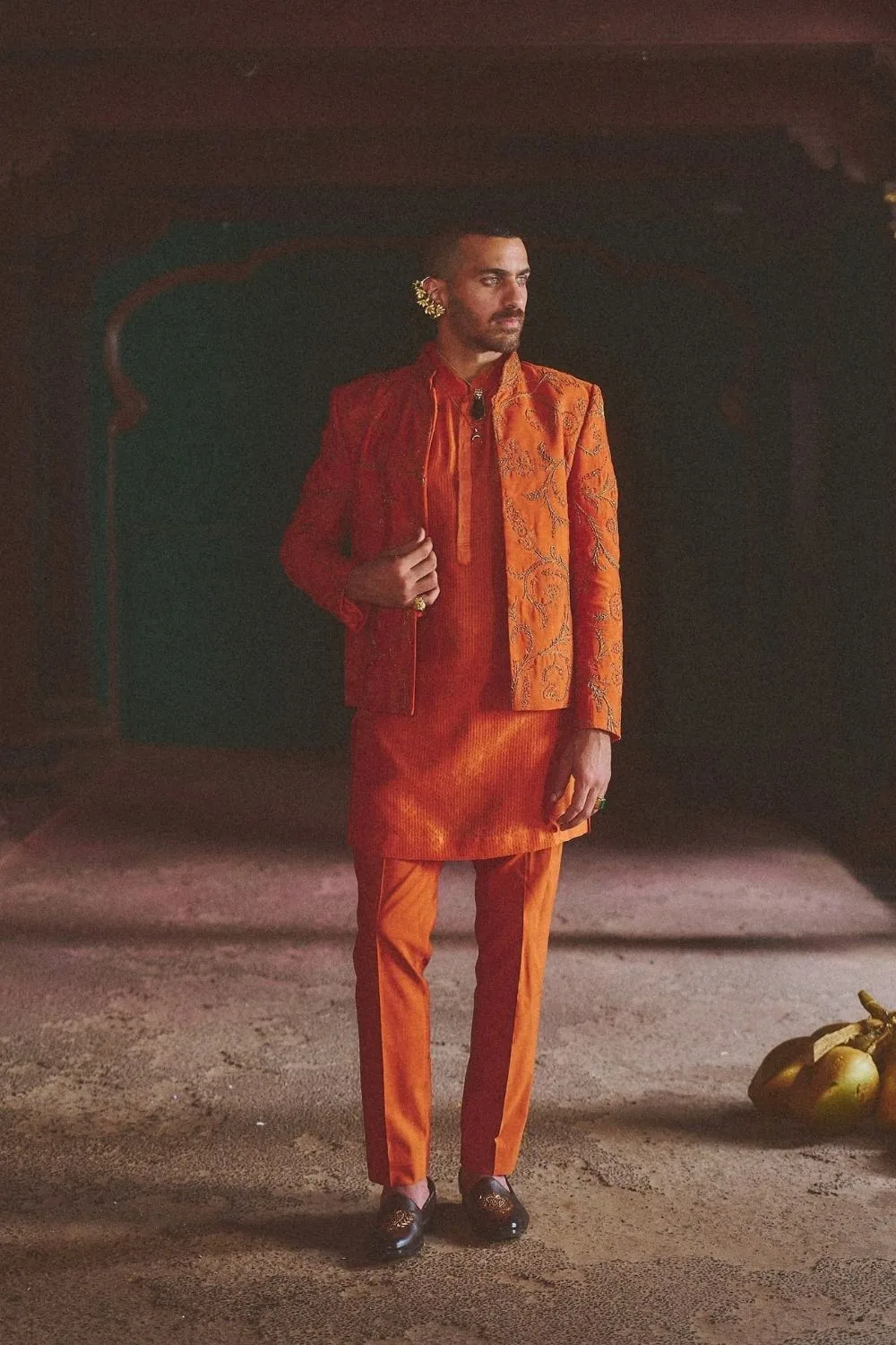 Vaidik Jacket Set by Jigar Mali in rust, view 4