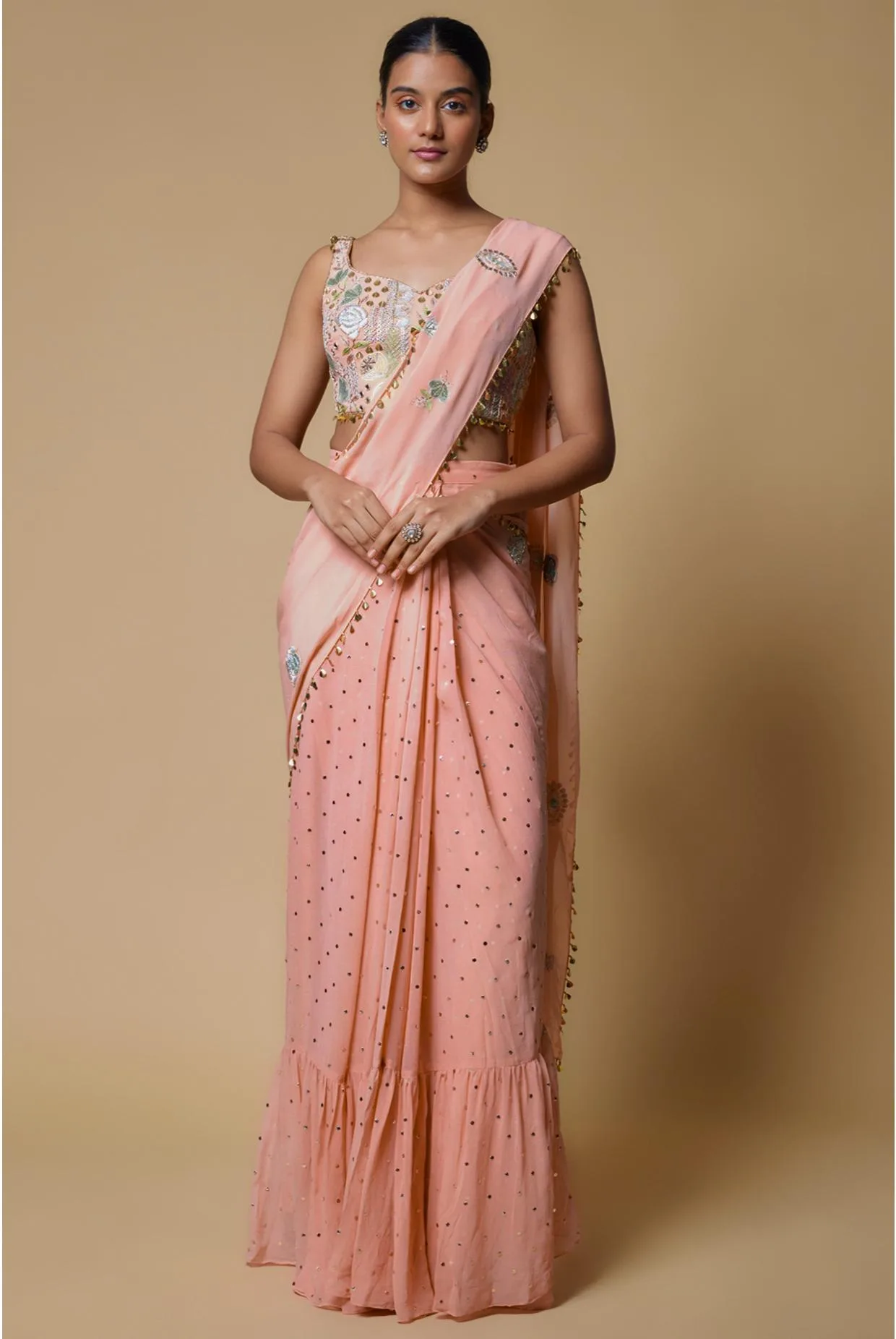 Rose Pink Embroidered Choli With Frill Pre-Stitched Saree by Payal Singhal