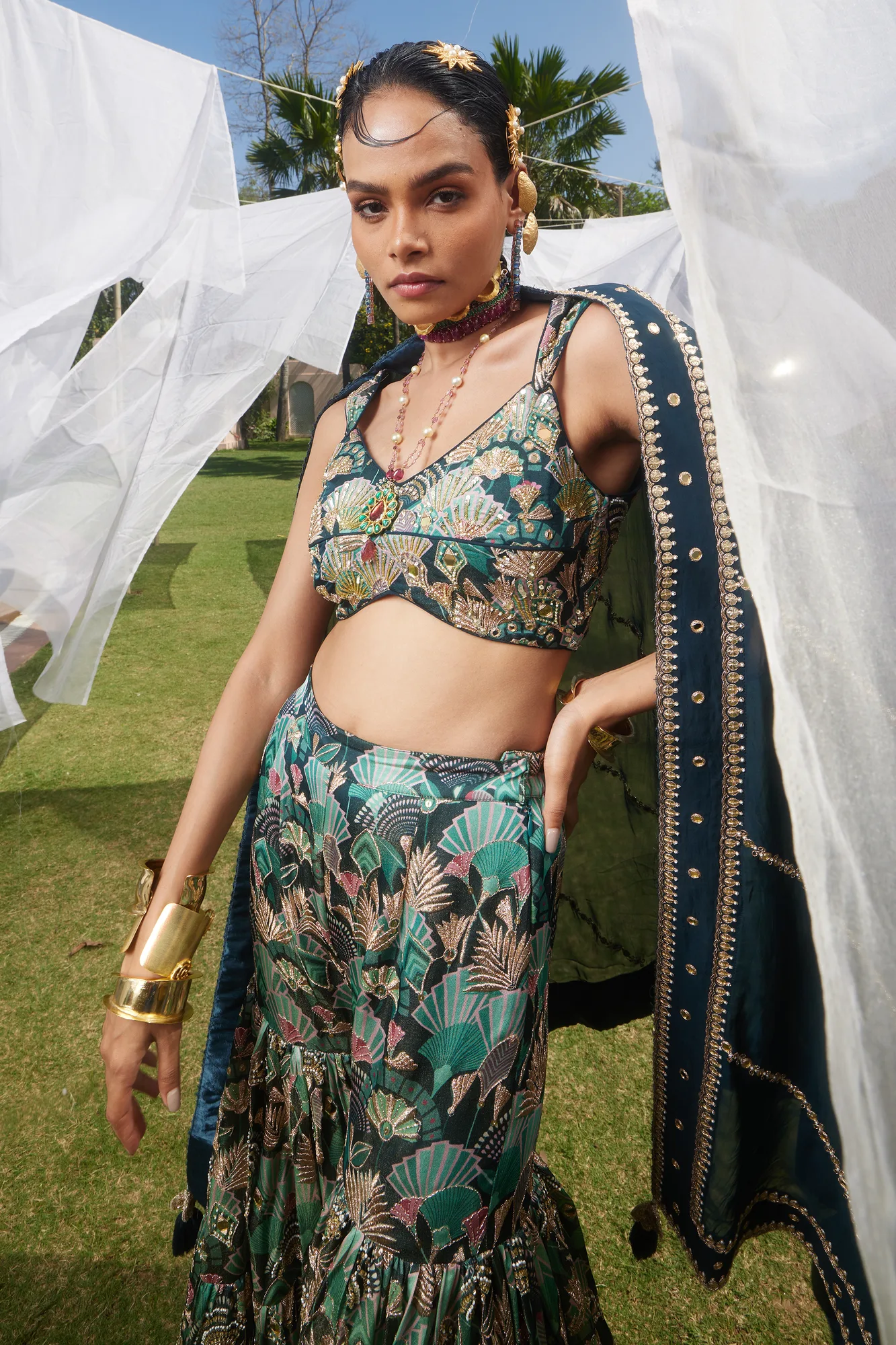 Gloria Lehenga Set by Paulmi And Harsh in antique gold, view 3