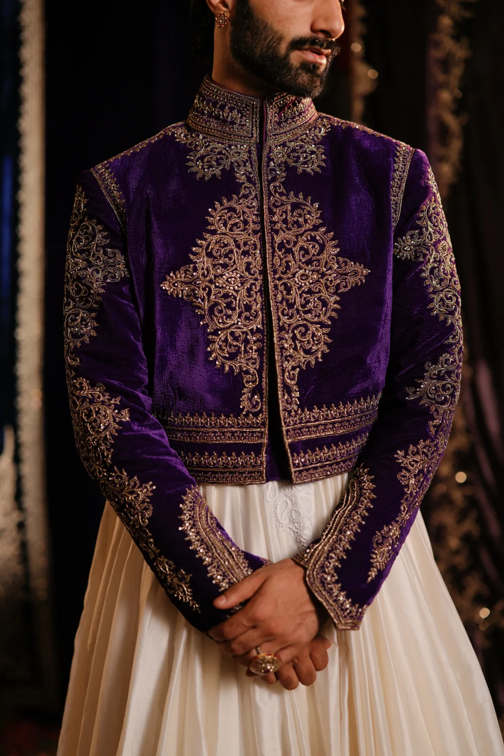 Aabid Jacket Set by Jigar Mali in ivory, view 4