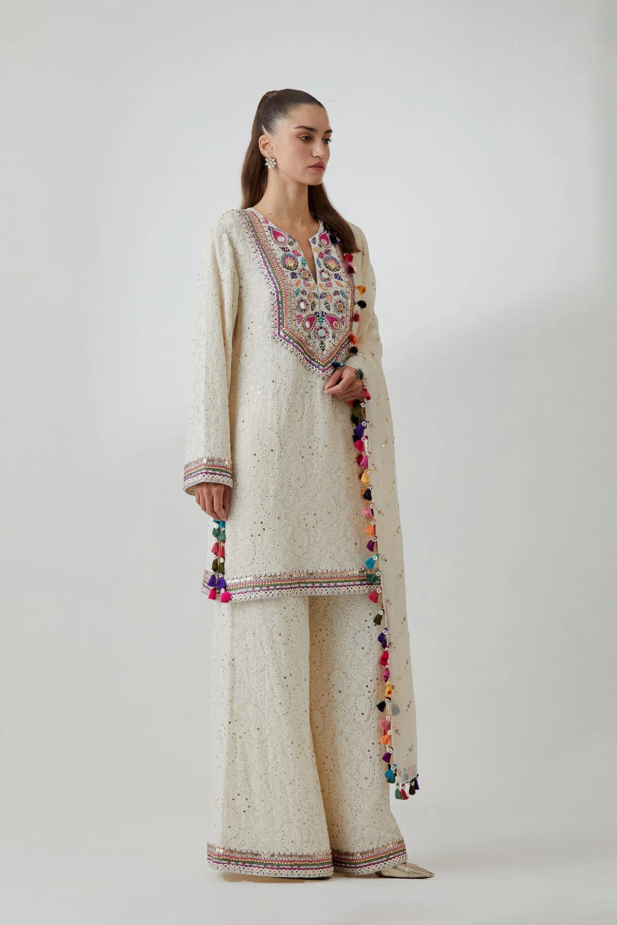 Stone Chikankari Embroidered Kurta With Palazzo And Mukaish Organza Dupatta by Payal Singhal, view 2