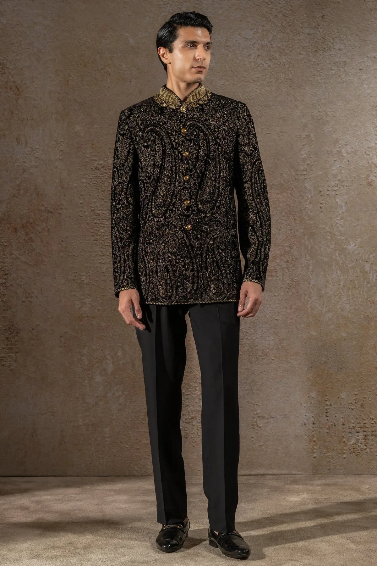 Golden Light Paisley Embroidered Velvet Bandhgala Set by Tarun Tahiliani