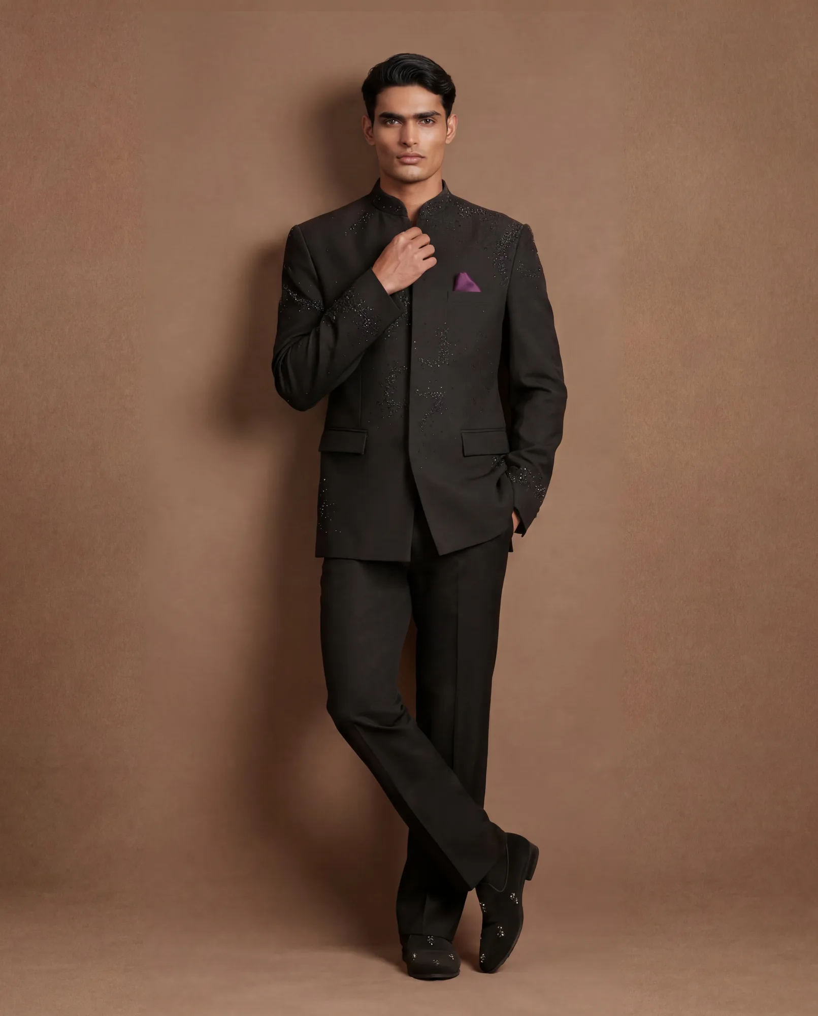 Kestrin Bandhgala Set by Dolly J, charcoal grey jacket, view 3
