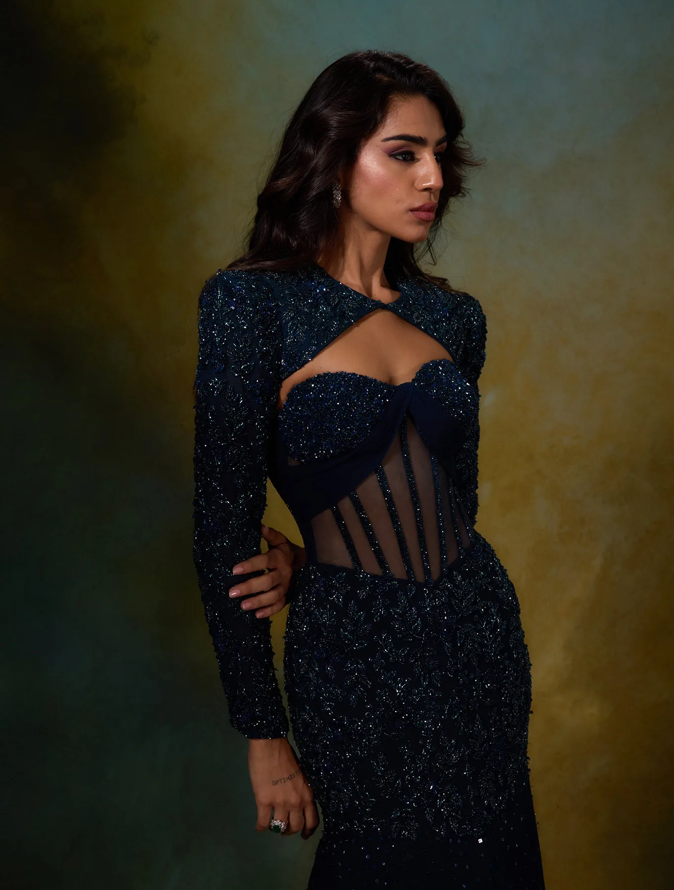Elle with Sleeve Overlay by Shloka Khialani, teal blue gown, view 3
