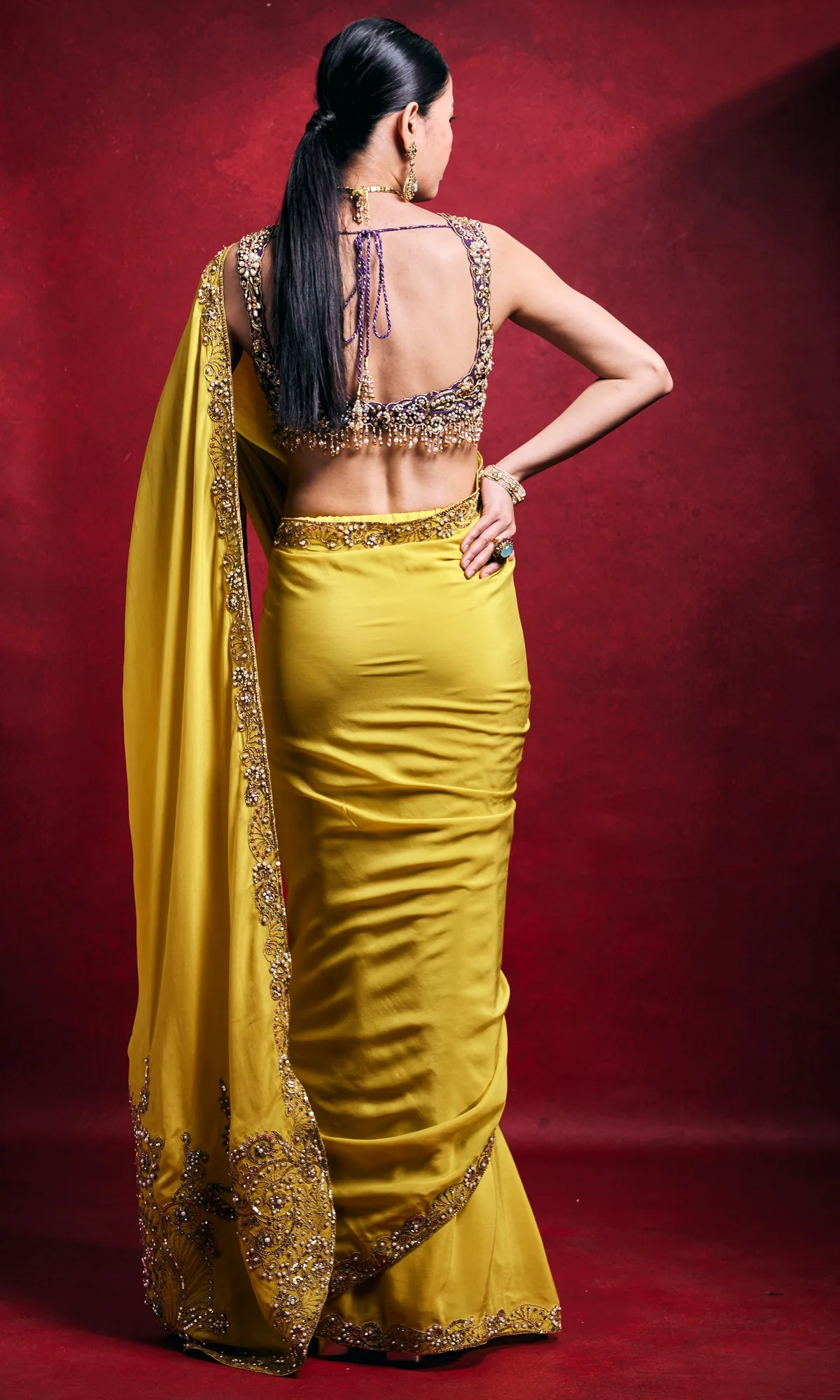 Yellow Crepe Saree by Tamanna Punjabi Kapoor, view 3
