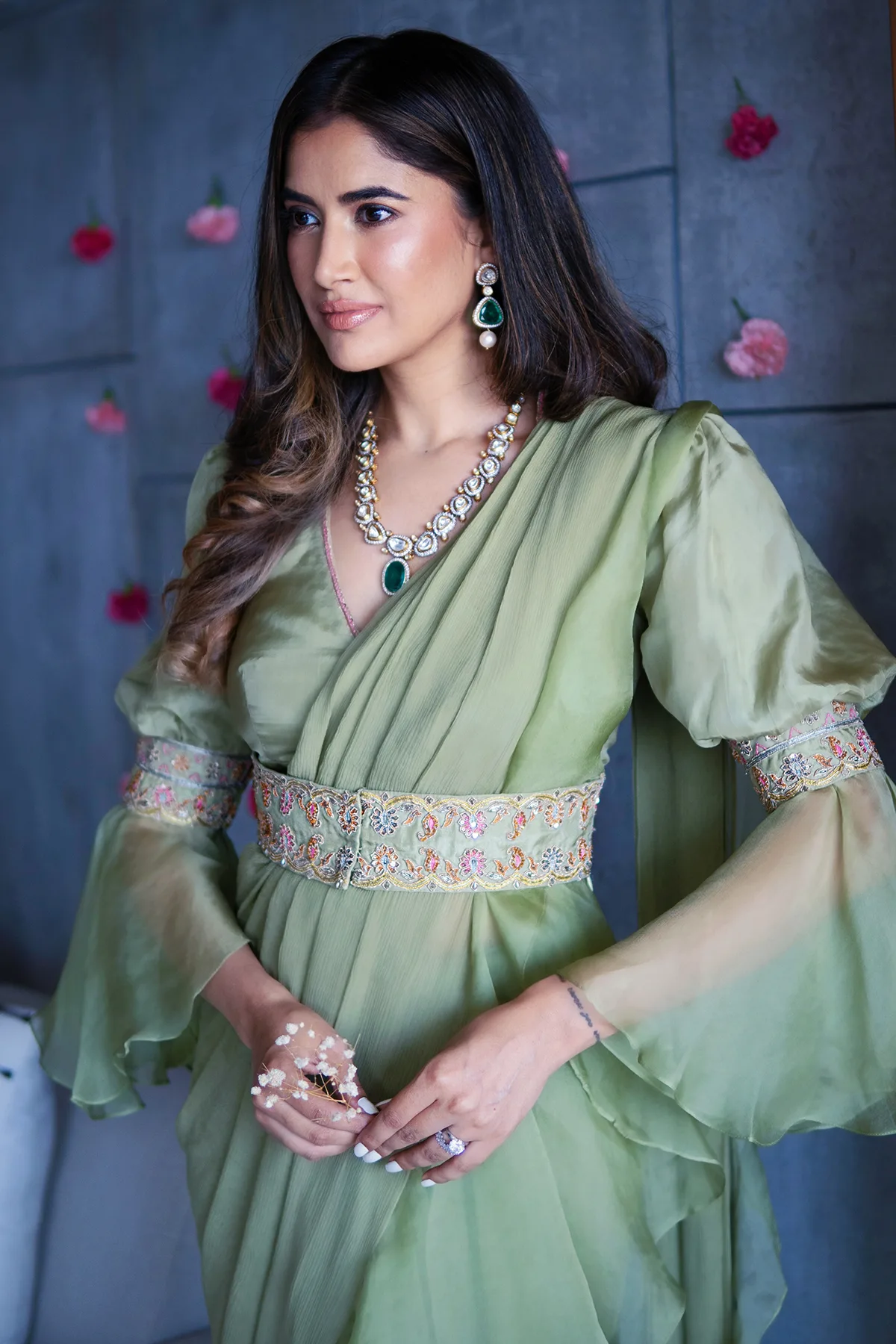 Alisha Pekha In Iris by Ridhi Mehra, green sari, view 3