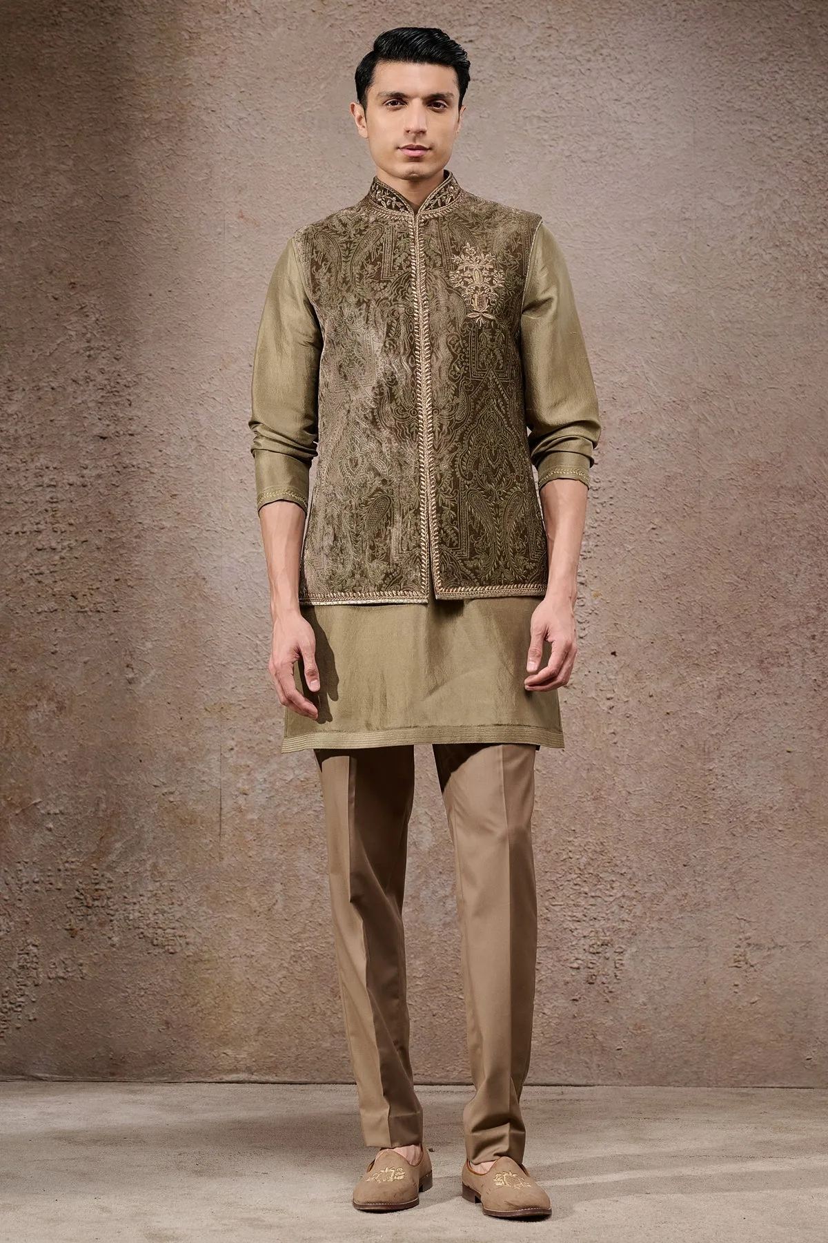 Golden Light Tonal Zardozi Brooch Waistcoat Set by Tarun Tahiliani