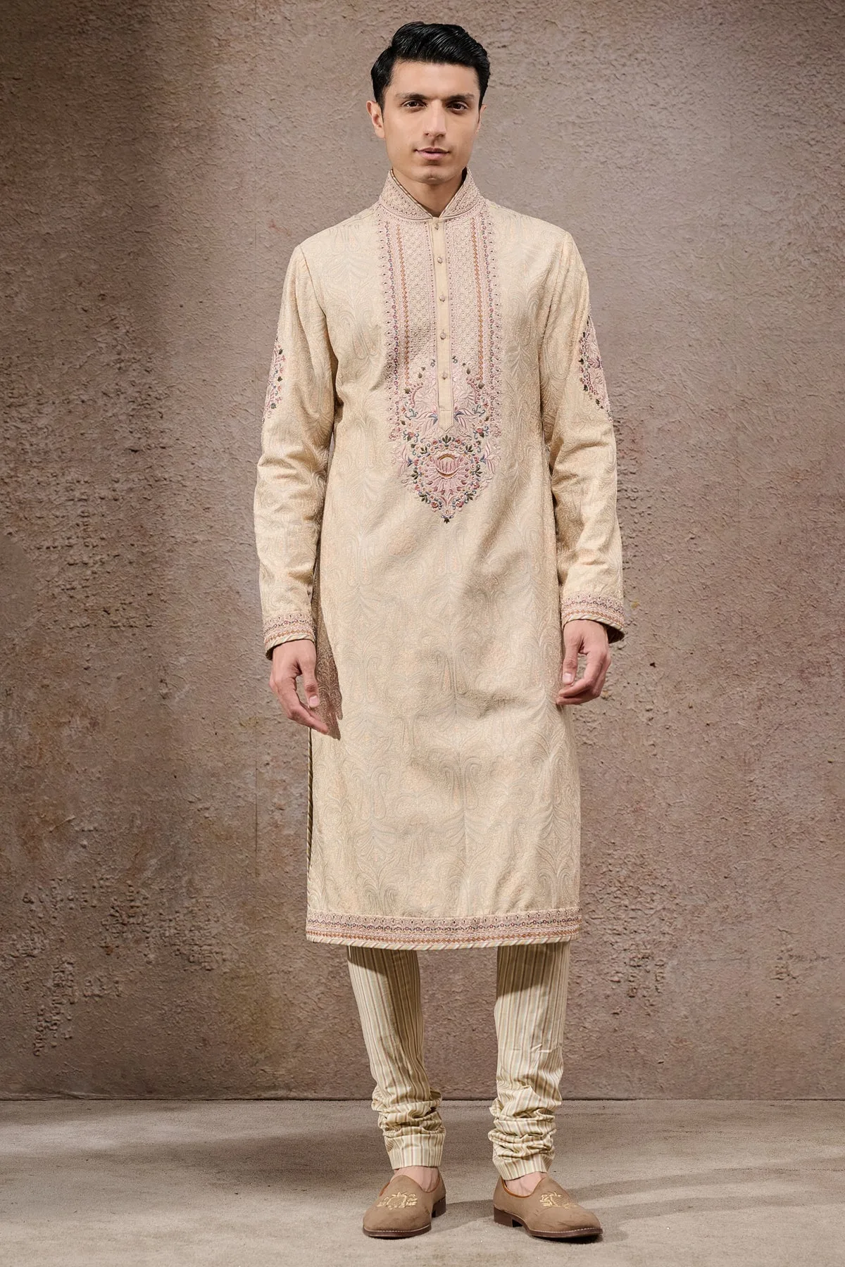 Golden Light Multicolour Embroidered Groom Kurta Set by Tarun Tahiliani