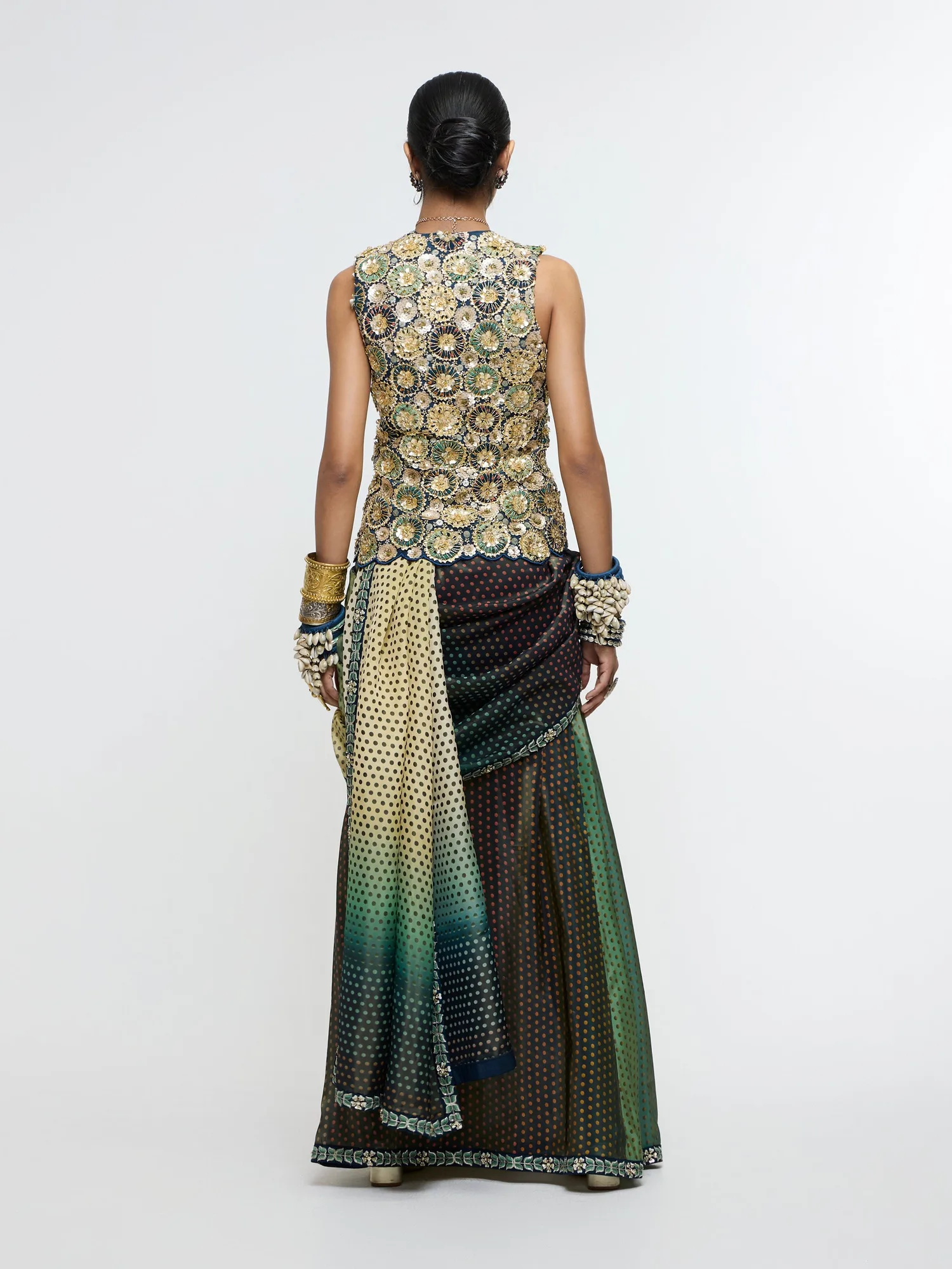 Nayab Waist Coat Paired With Drape Saree. by SVA in emerald, view 4