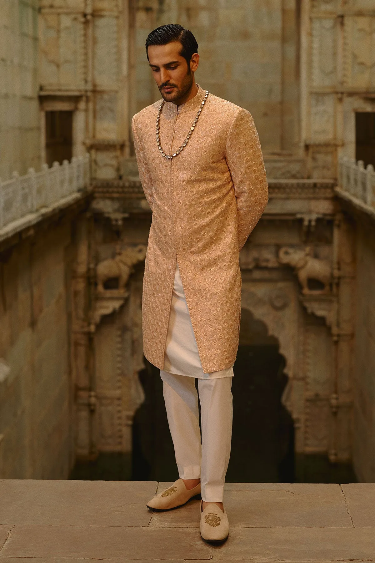 Peach Geometric Sherwani Set by Nitika Gujral, view 2