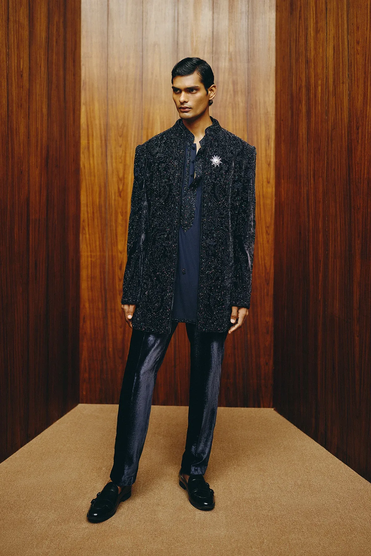 Obsidian Velvet Open Jacket with Shirt and Trouser by Dolly J
