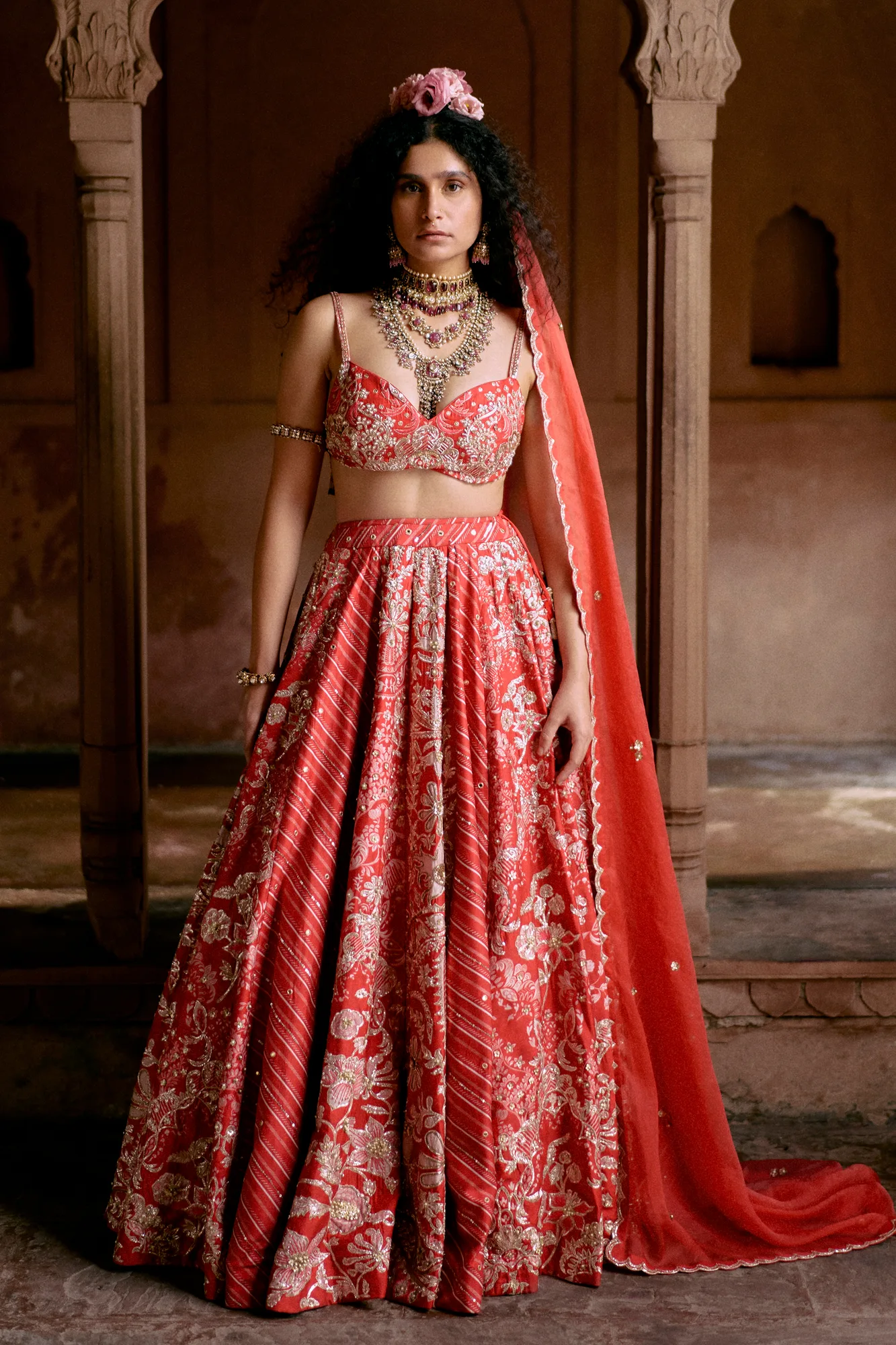 Jean Lehenga Set by Paulmi And Harsh in red