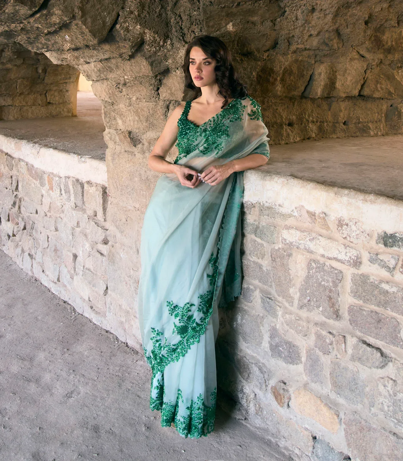 Green Hazel Saree Set by Anushree Reddy