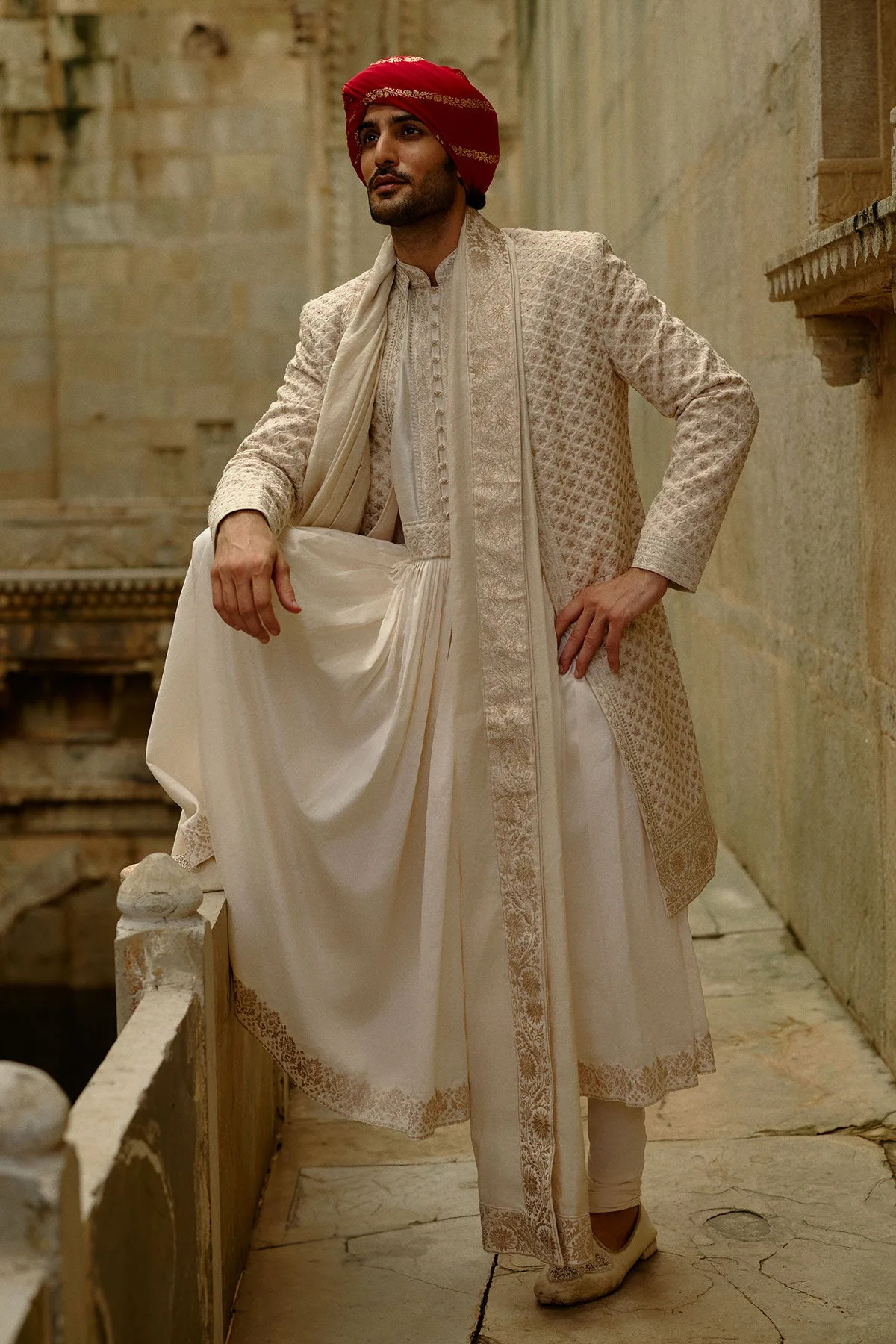 Cream Worked Sherwani Set by Nitika Gujral, view 2