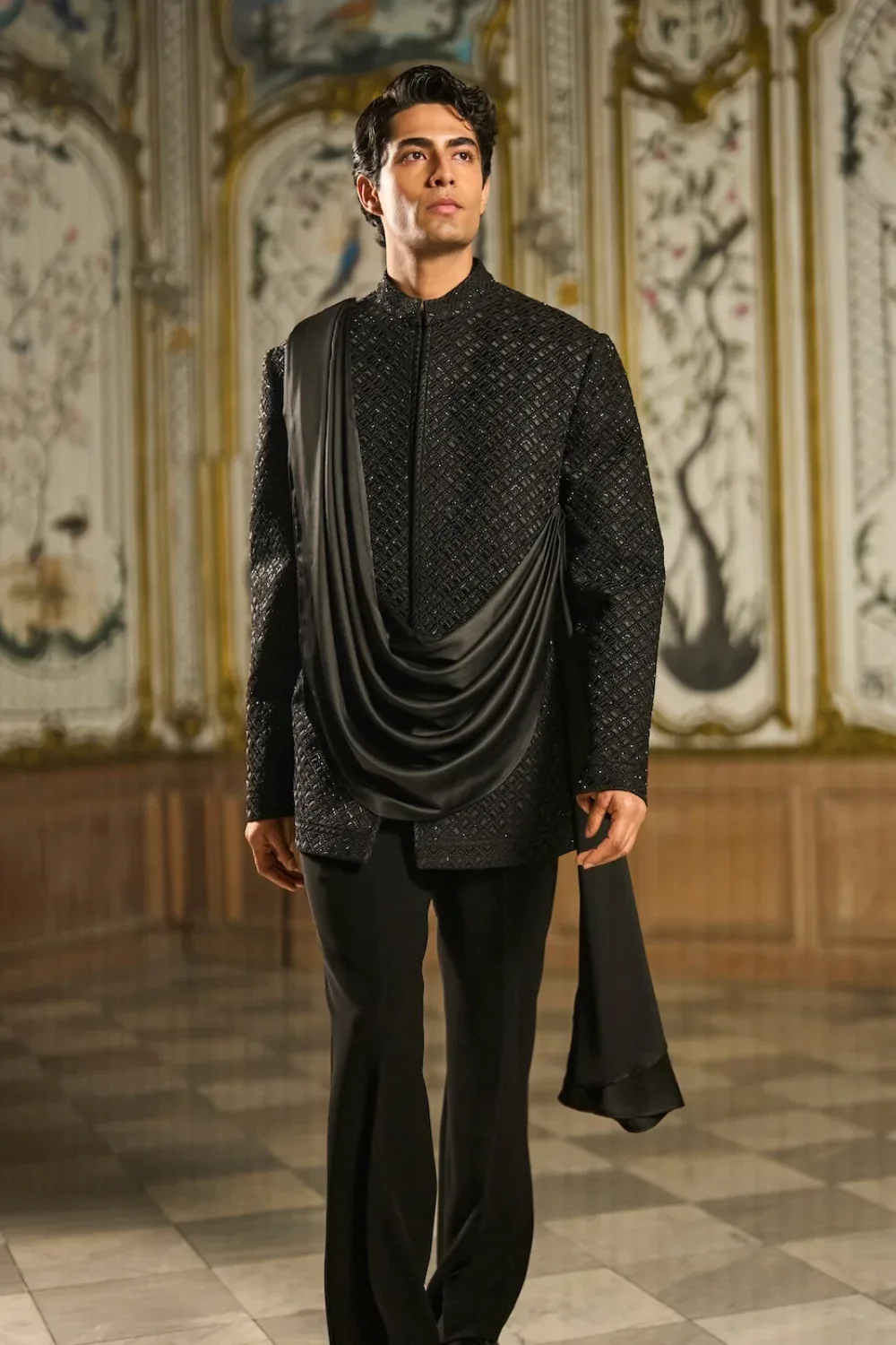 Black Draped Bandhgala Set by Seema Gujral