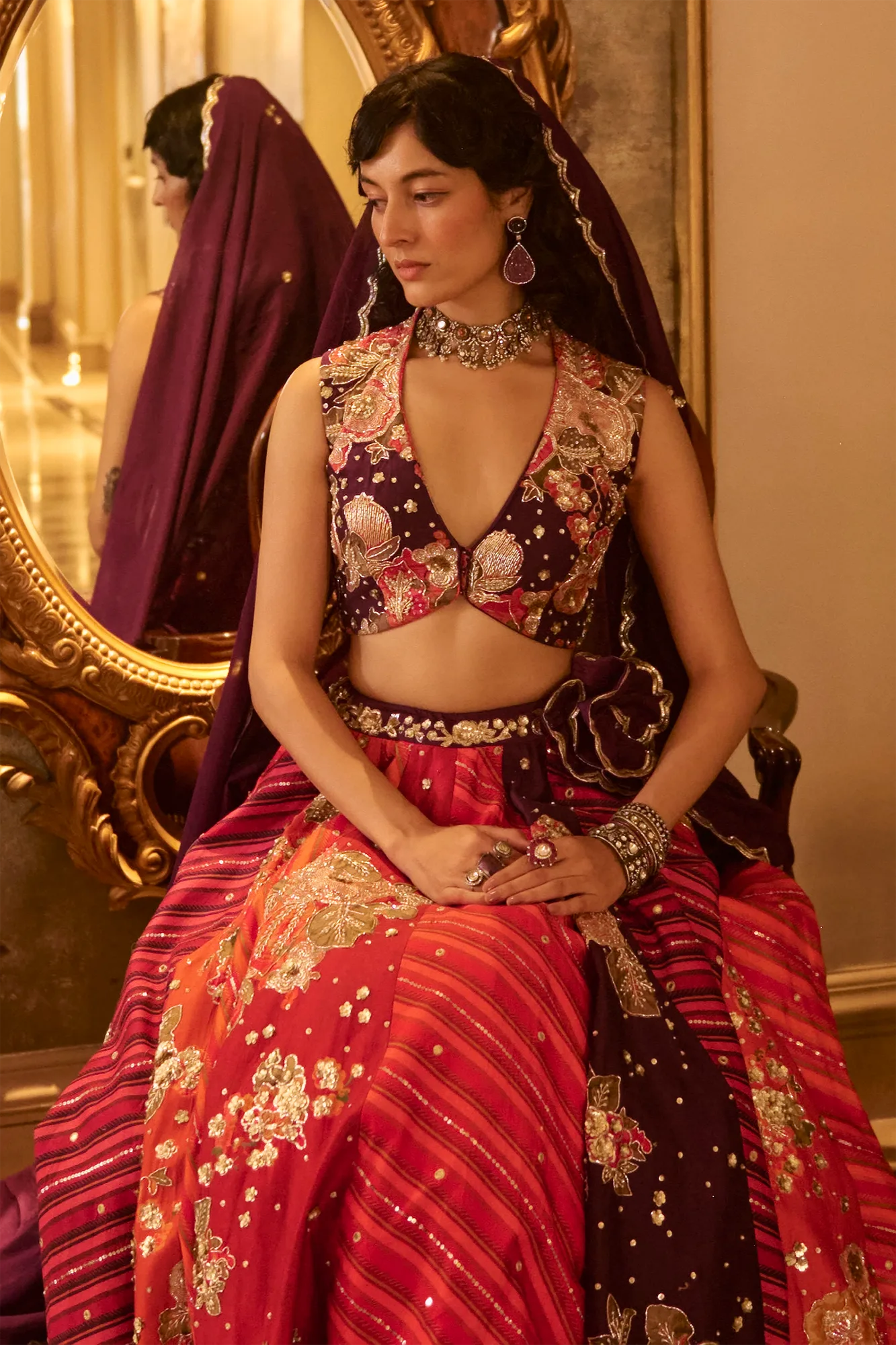 Bellamy Lehenga Set by Paulmi And Harsh in orange, view 4