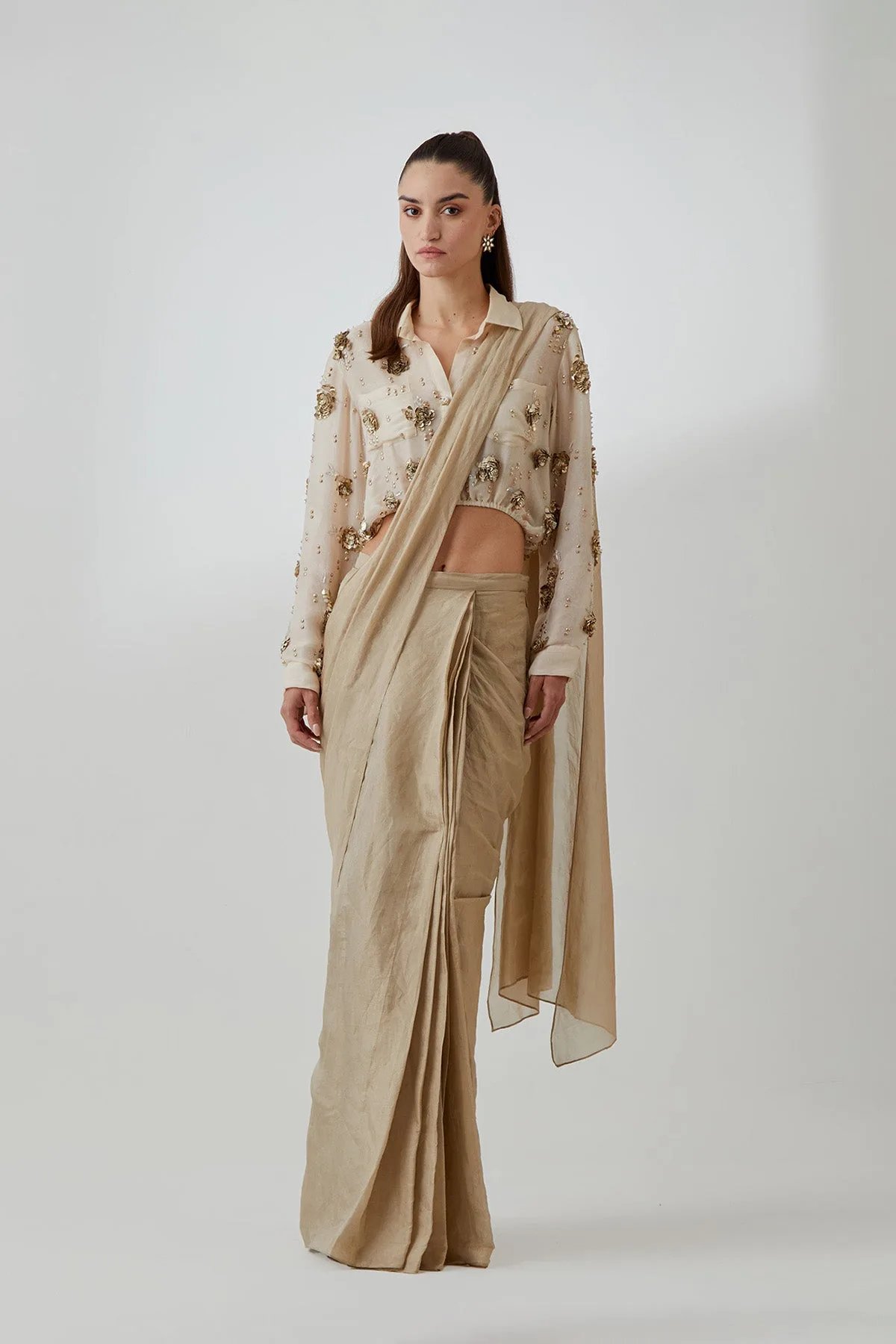 Stone Organza Studded Shirt With a Tissue Knotted Saree by Payal Singhal in gold