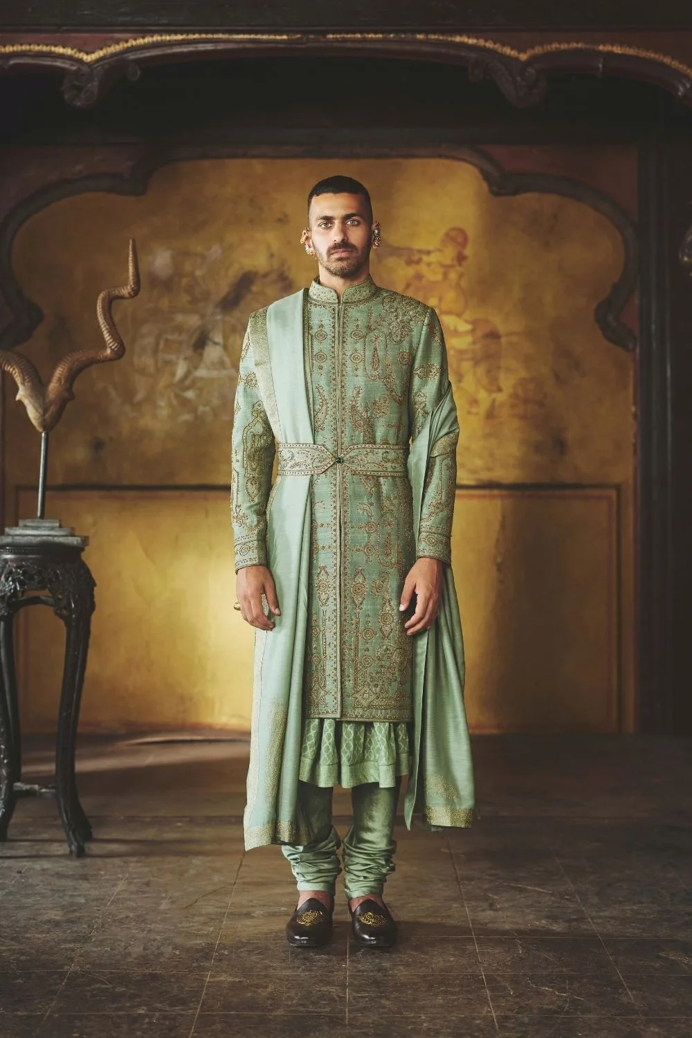 Manthan Sherwani by Jigar Mali in sage