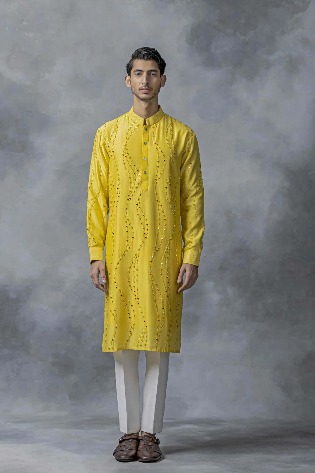 Yellow Mirror Work Kurta Set by Sarab Khanijou