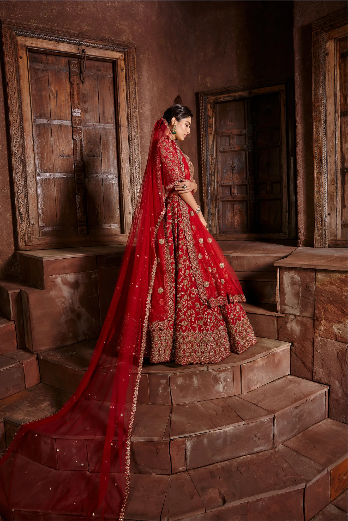 Red Raw Silk Lehenga Set by Nitika Gujral, view 3