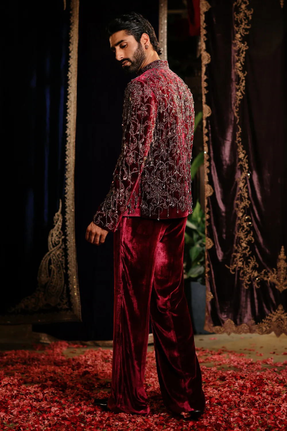 Misam Jacket Set by Jigar Mali in maroon, view 4
