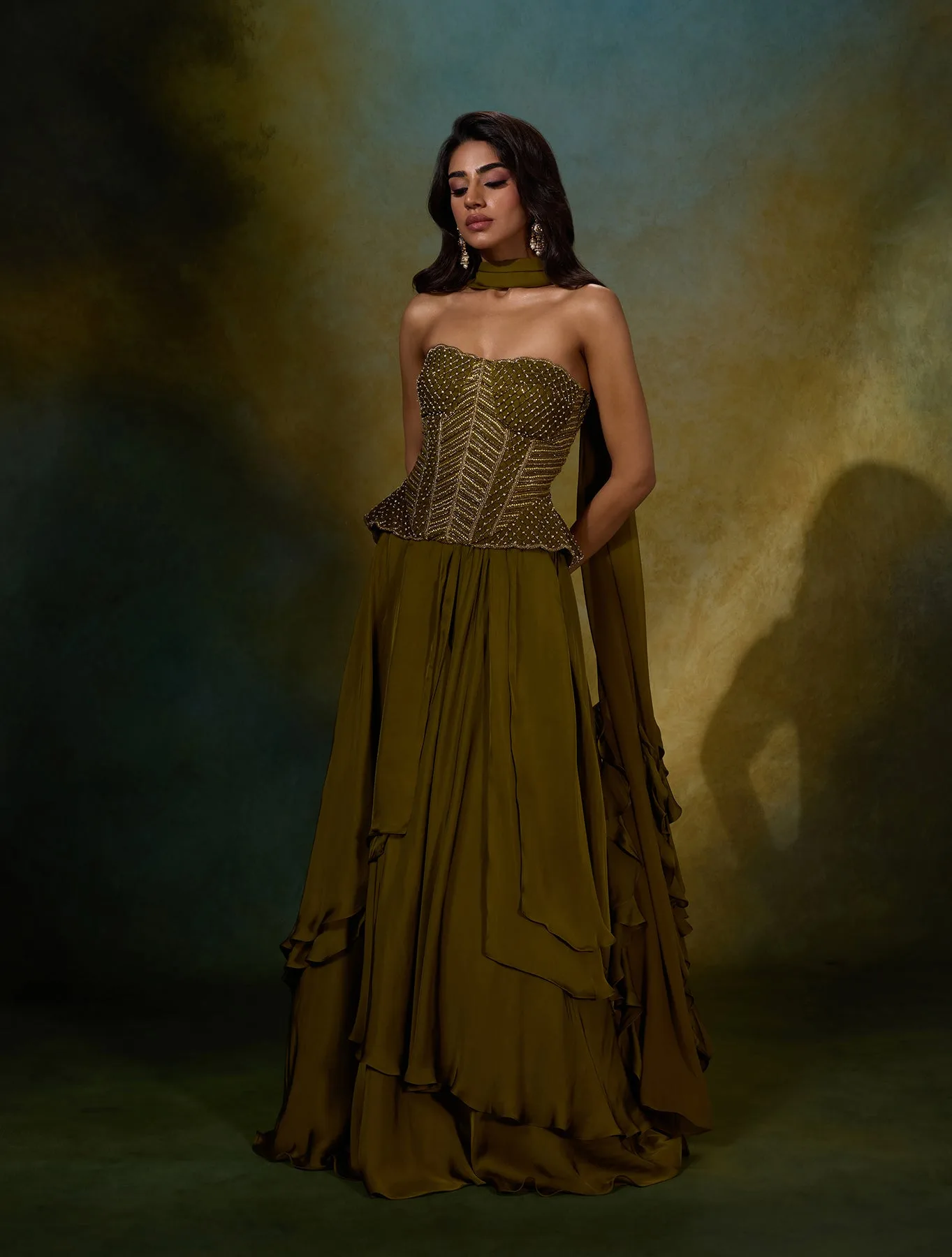 Arlette by Shloka Khialani, olive green skirt set
