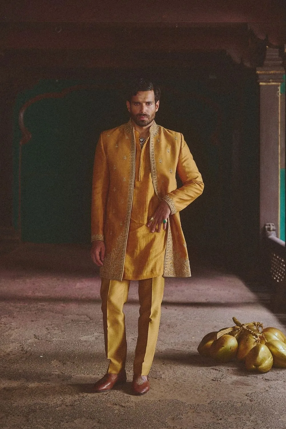 Samidha Jacket Set by Jigar Mali in mustard