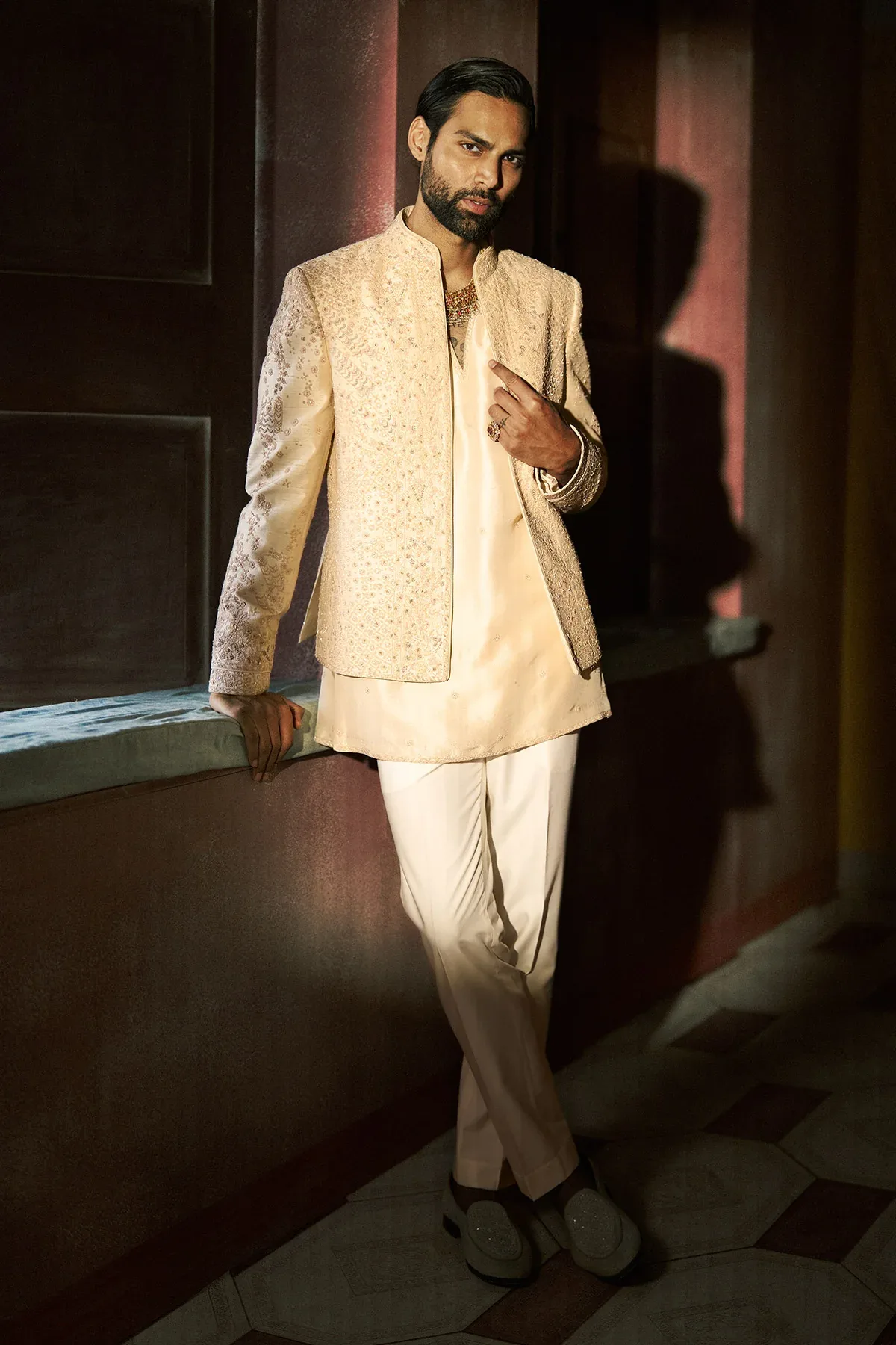 Dune Short Open Jacket, Kurta & Pant Set by Dolly J