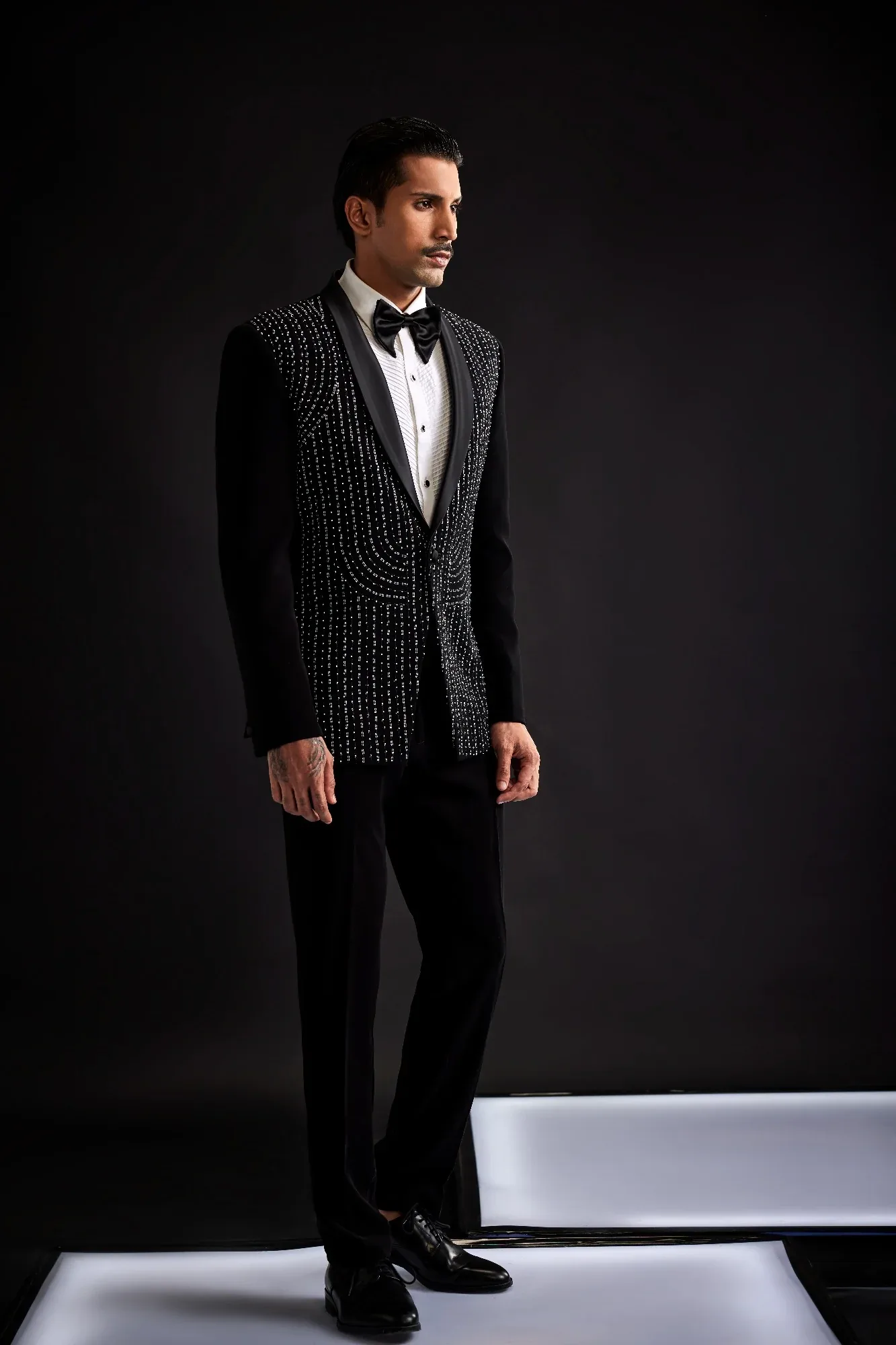 Black Sequin Work Tuxedo by Sarab Khanijou