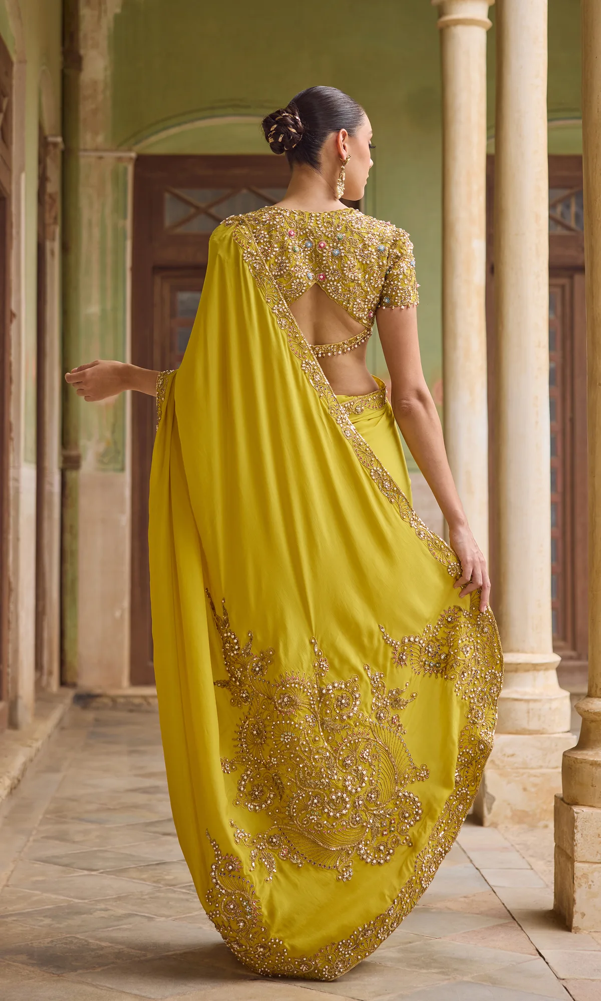 Yellow Crepe Saree Set by Tamanna Punjabi Kapoor, view 4