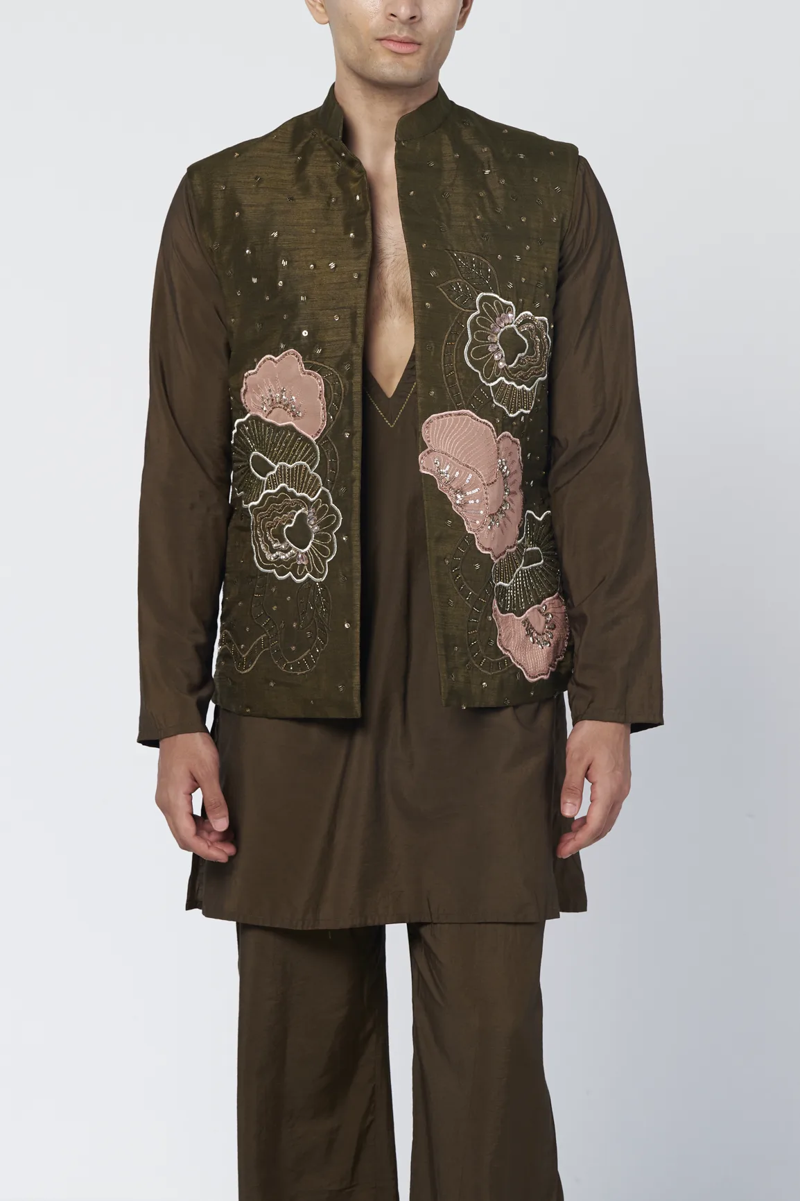 Shadow Olive Men's Kurta by Rishi and Vibhuti, view 3