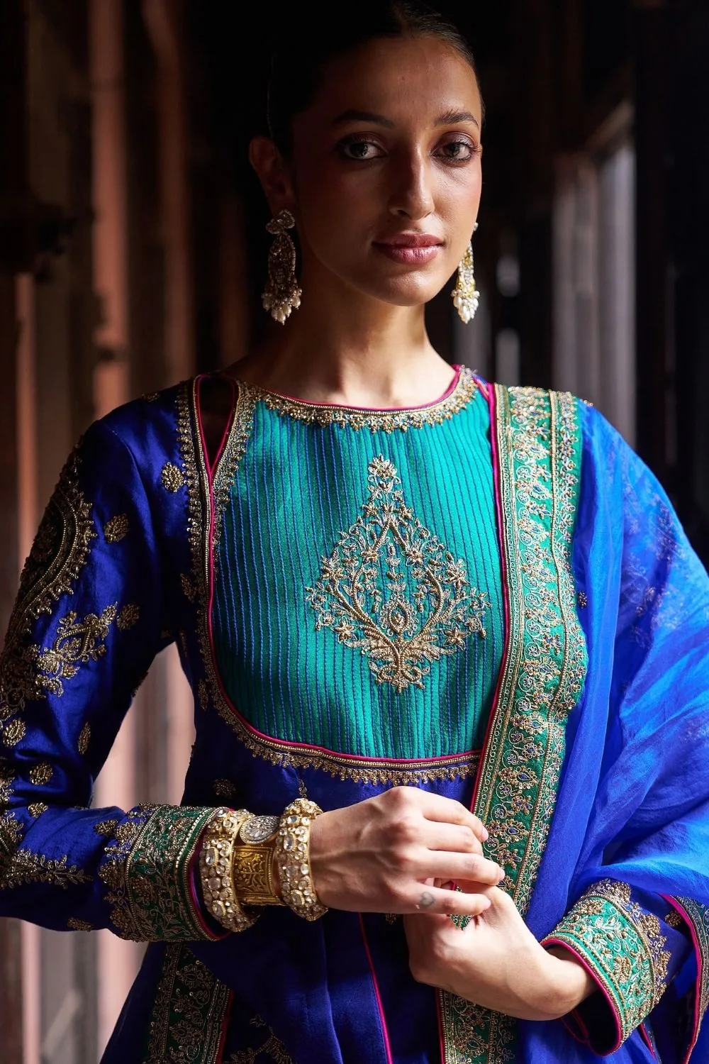 Kalasha Lehenga Set by Jigar Mali in peacock blue, view 3