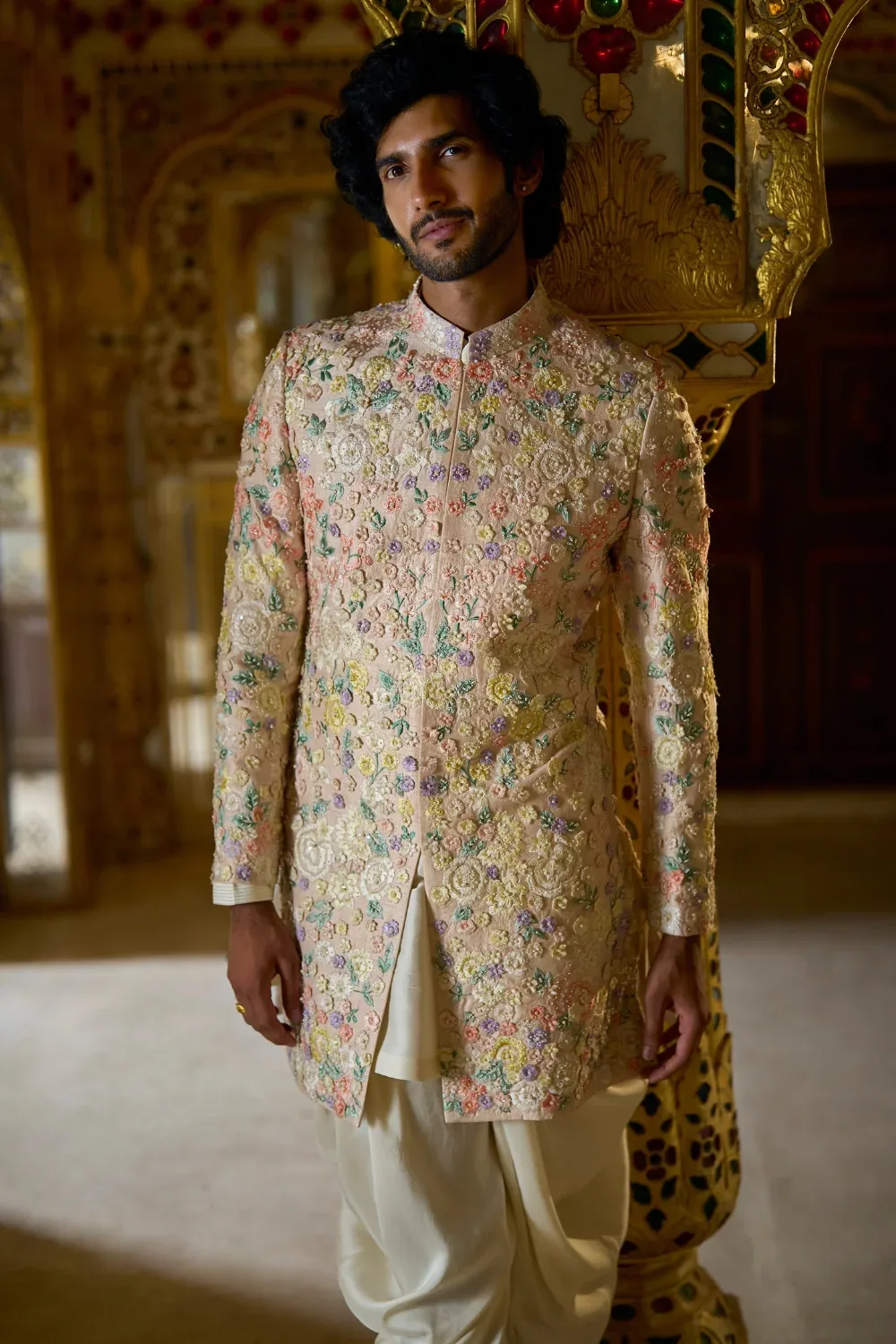 Cream Multi-Coloured Three-Dimensional Sherwani Set by Seema Gujral