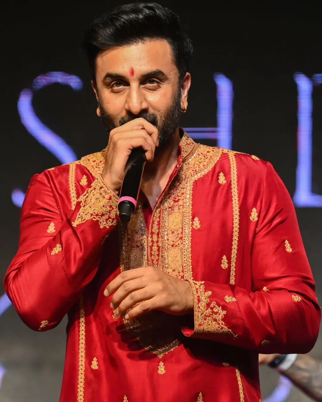 Ranbir Kapoor in Abeer Kashidakari Kurta Set by Dolly J in red, view 2