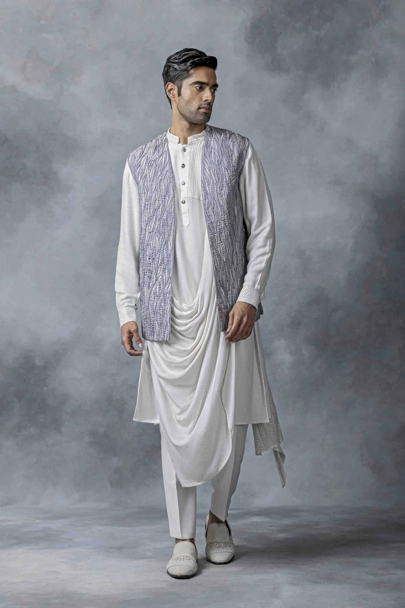 Grey And White Open Waistcoat Set by Sarab Khanijou