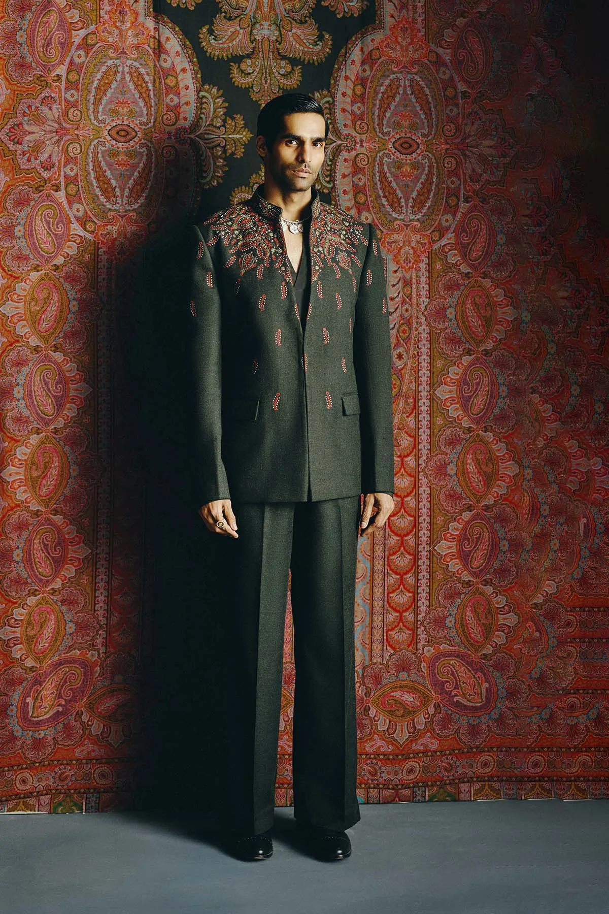 Kashida Obsidian Jacket and Pant set with V- Neck Shirt by Dolly J