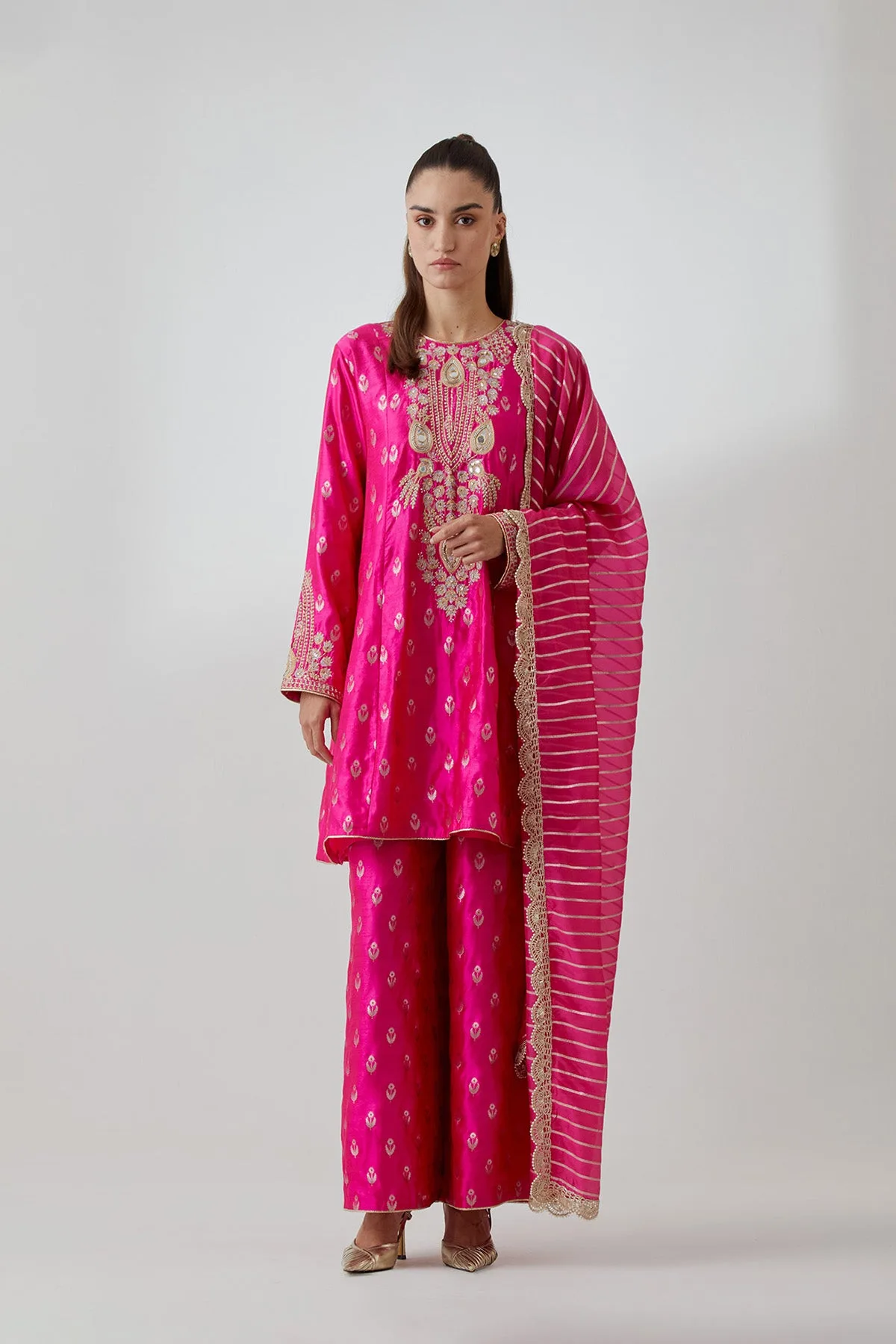 Hot Pink Brocade Silk Embroidered Yoke Kurta And Palazzo With Line Chiffon Dupatta by Payal Singhal