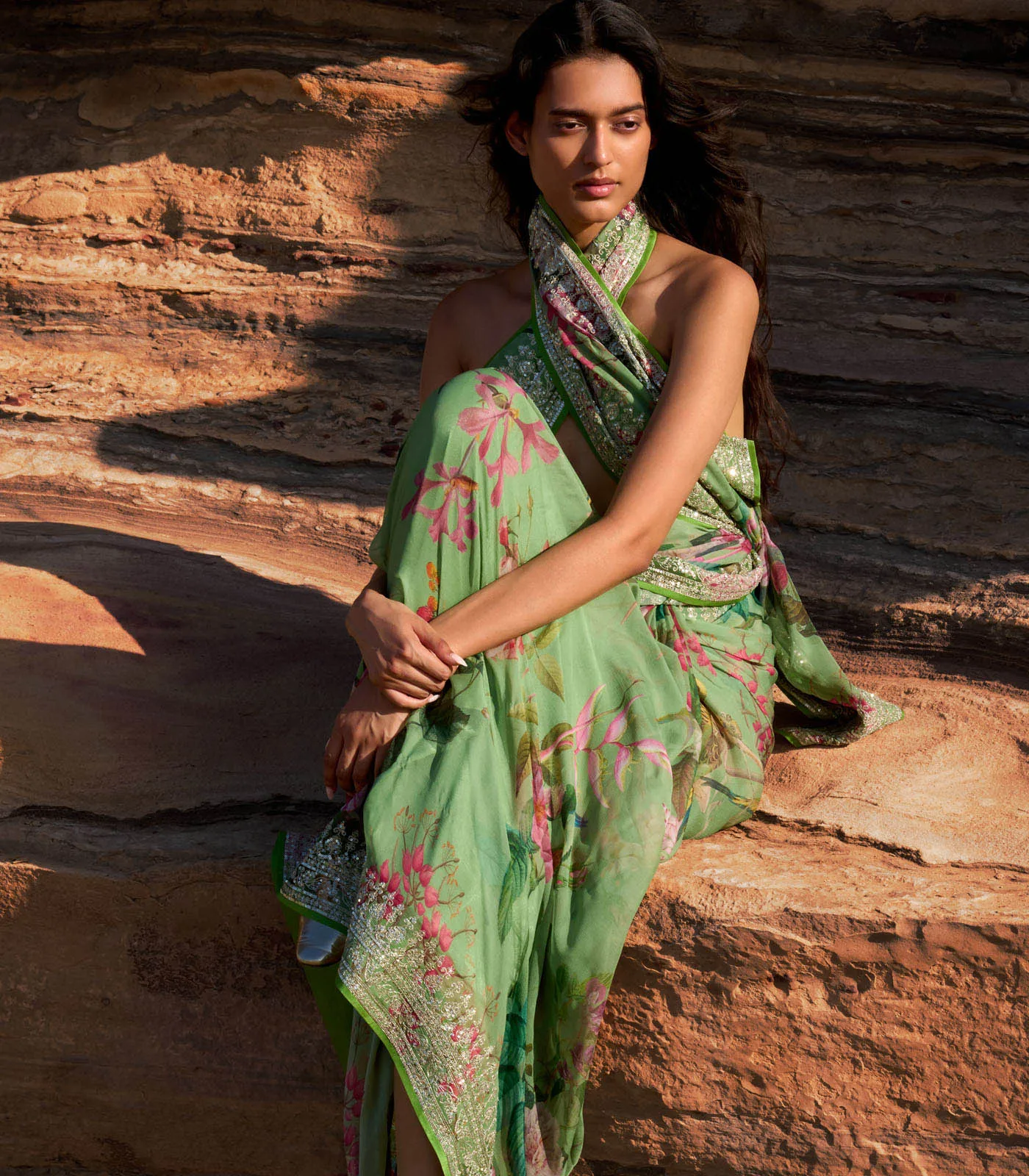 Light Green Ruh Printed Saree Set by Anushree Reddy