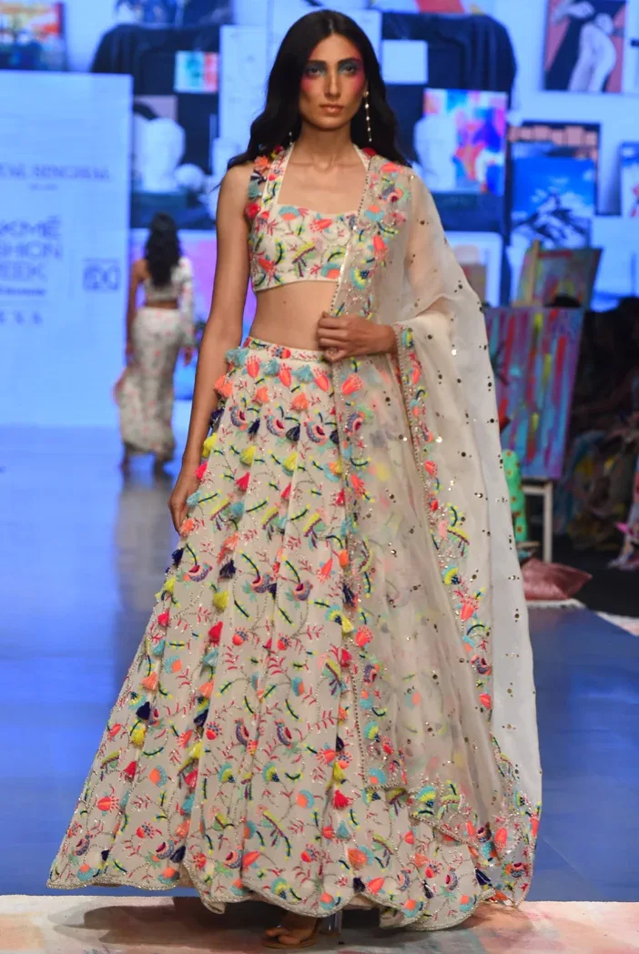 Alice Stone Georgette Embroidered Halter Neck Choli and Lehenga with Mukaish Organza Dupatta by Payal Singhal