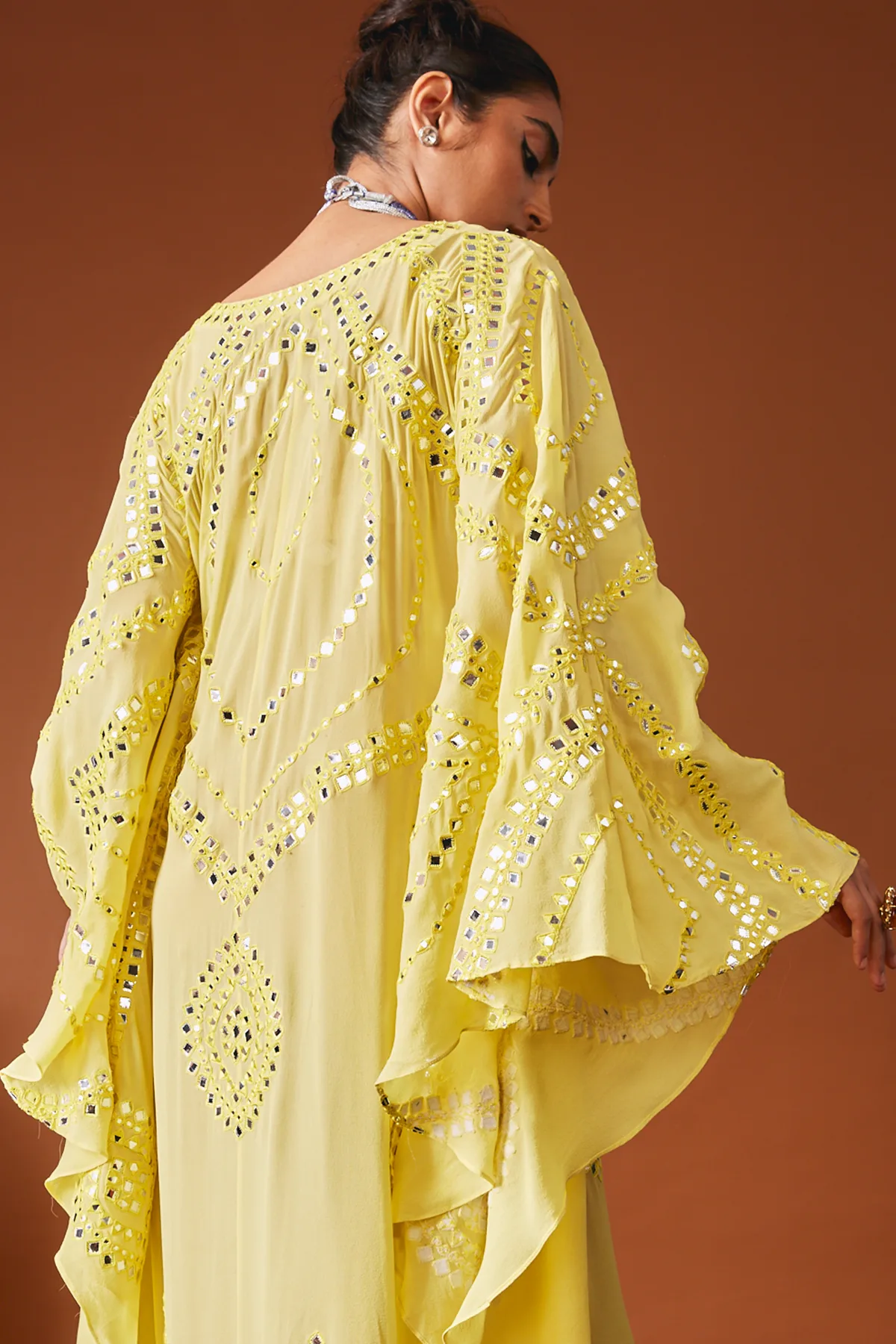 Yellow Foil And Resham Kaftan With A Belt by Tamanna Punjabi Kapoor, view 3