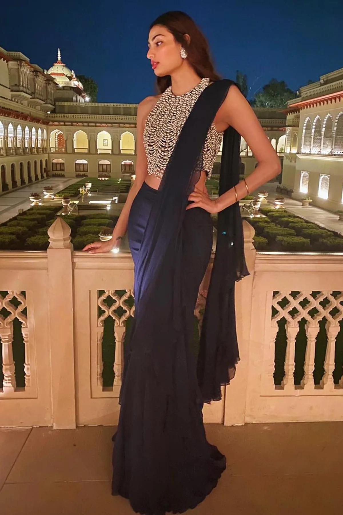 Athiya Shetty in Razieh by Ridhi Mehra, navy sari