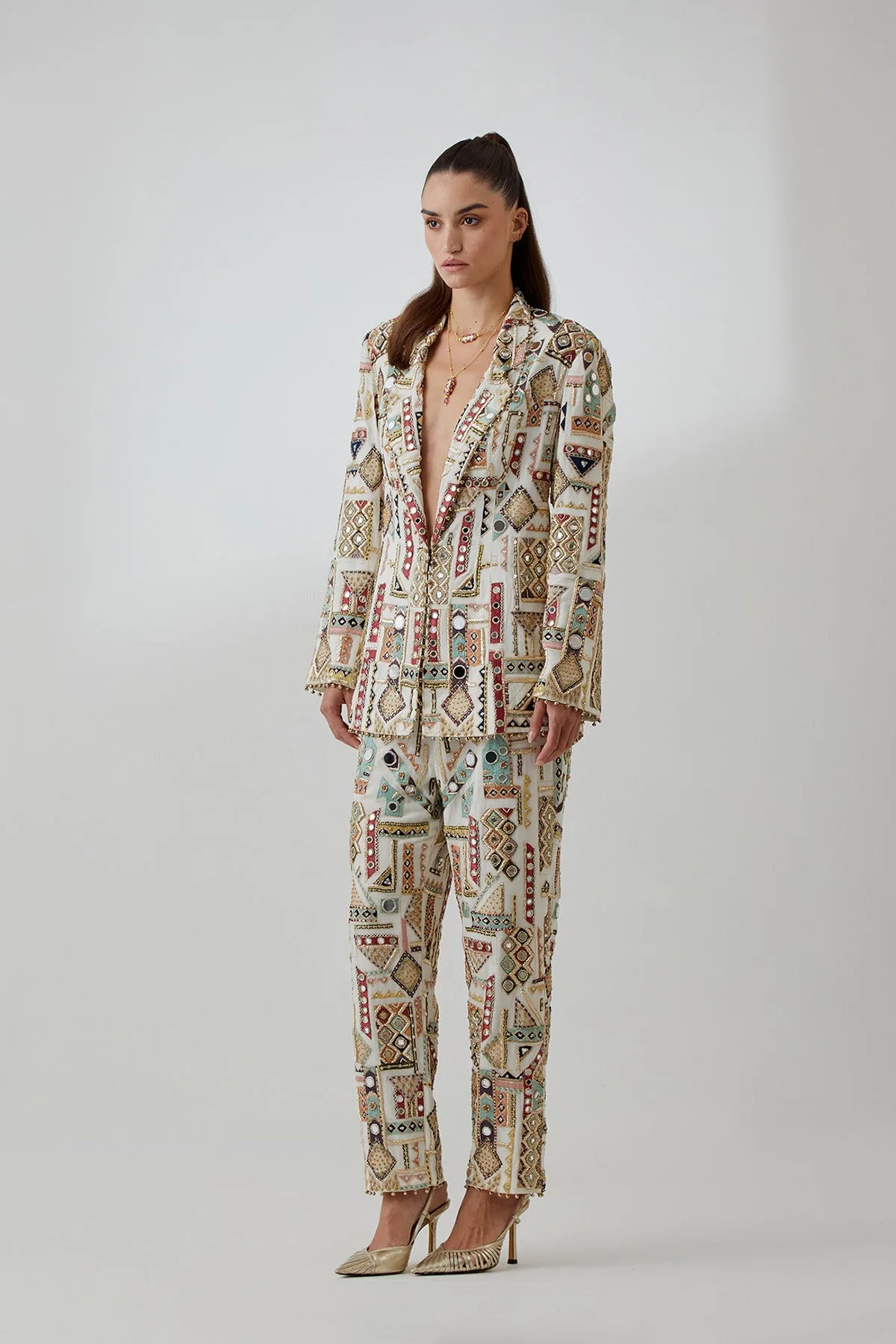 Off-White Georgette Embroidered Jacket With Pants by Payal Singhal, off white co-ord set, view 3