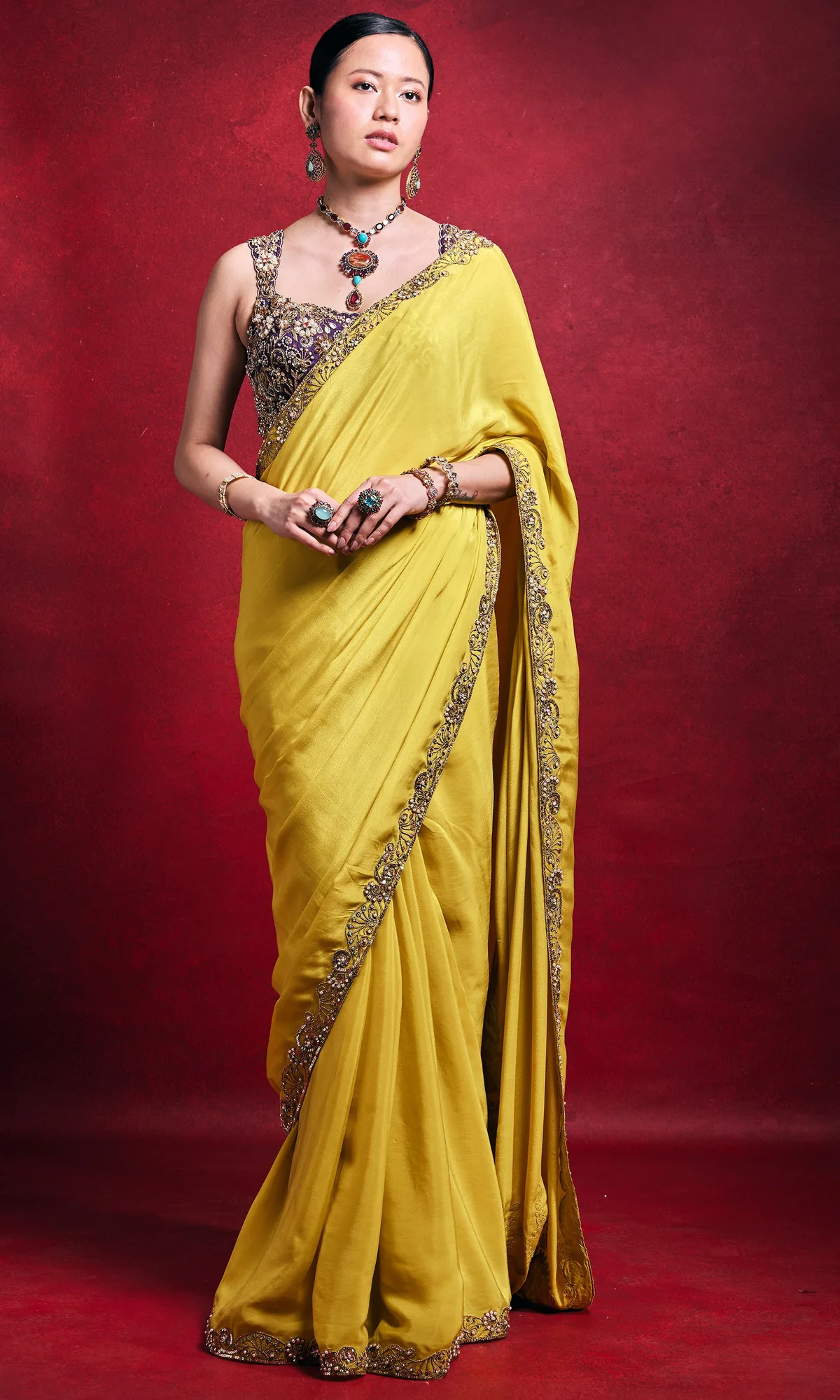Yellow Crepe Saree by Tamanna Punjabi Kapoor