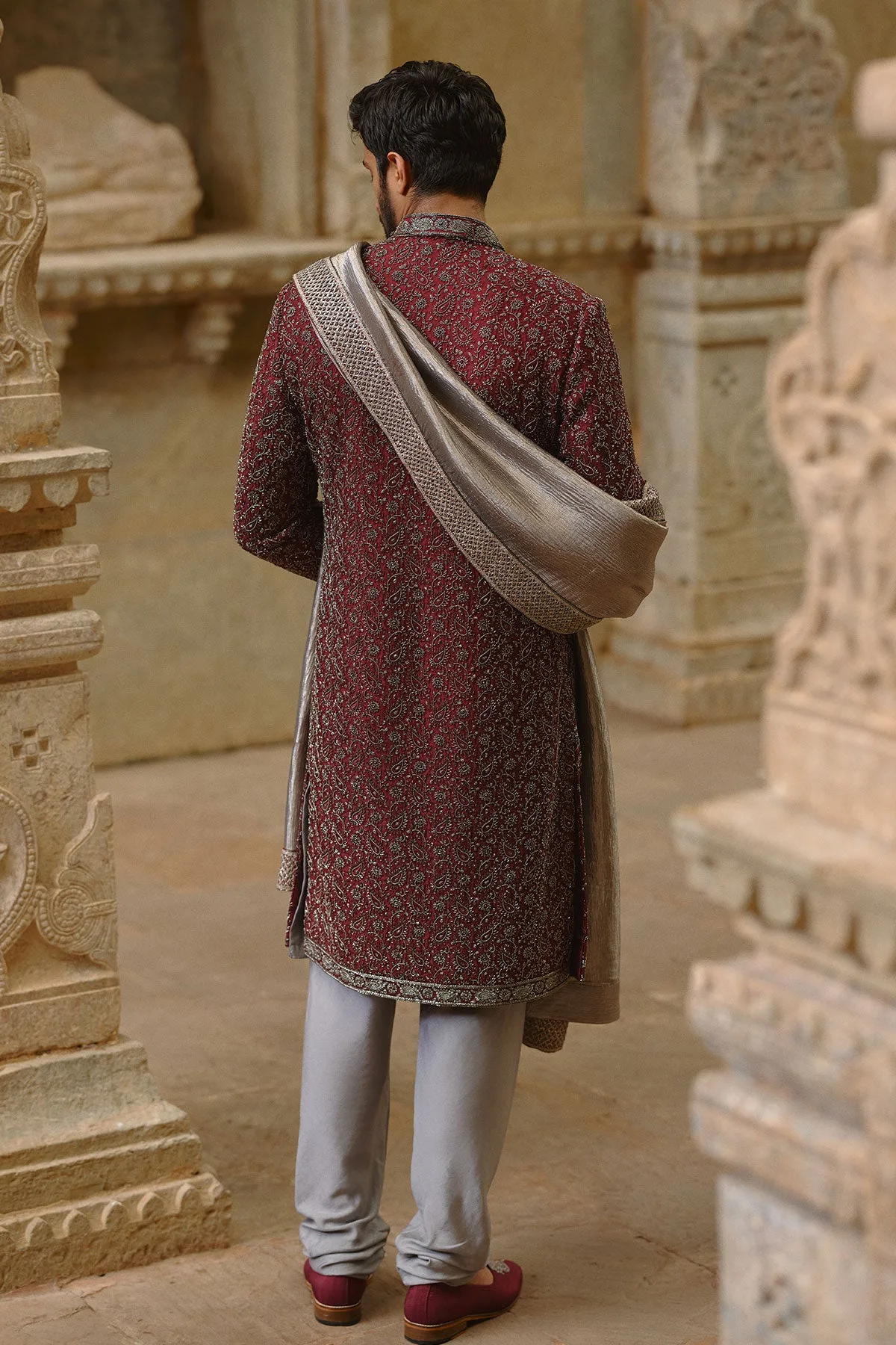 Burgundy Sherwani Set by Nitika Gujral, view 3
