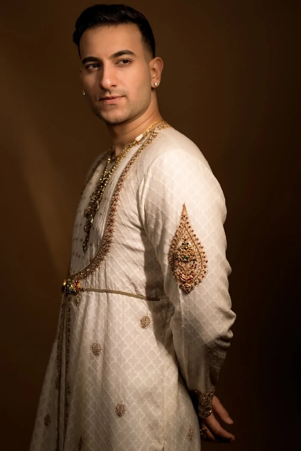 Rishabh Sharma in Ivory Angrakha Set by Jigar Mali, ivory sherwani