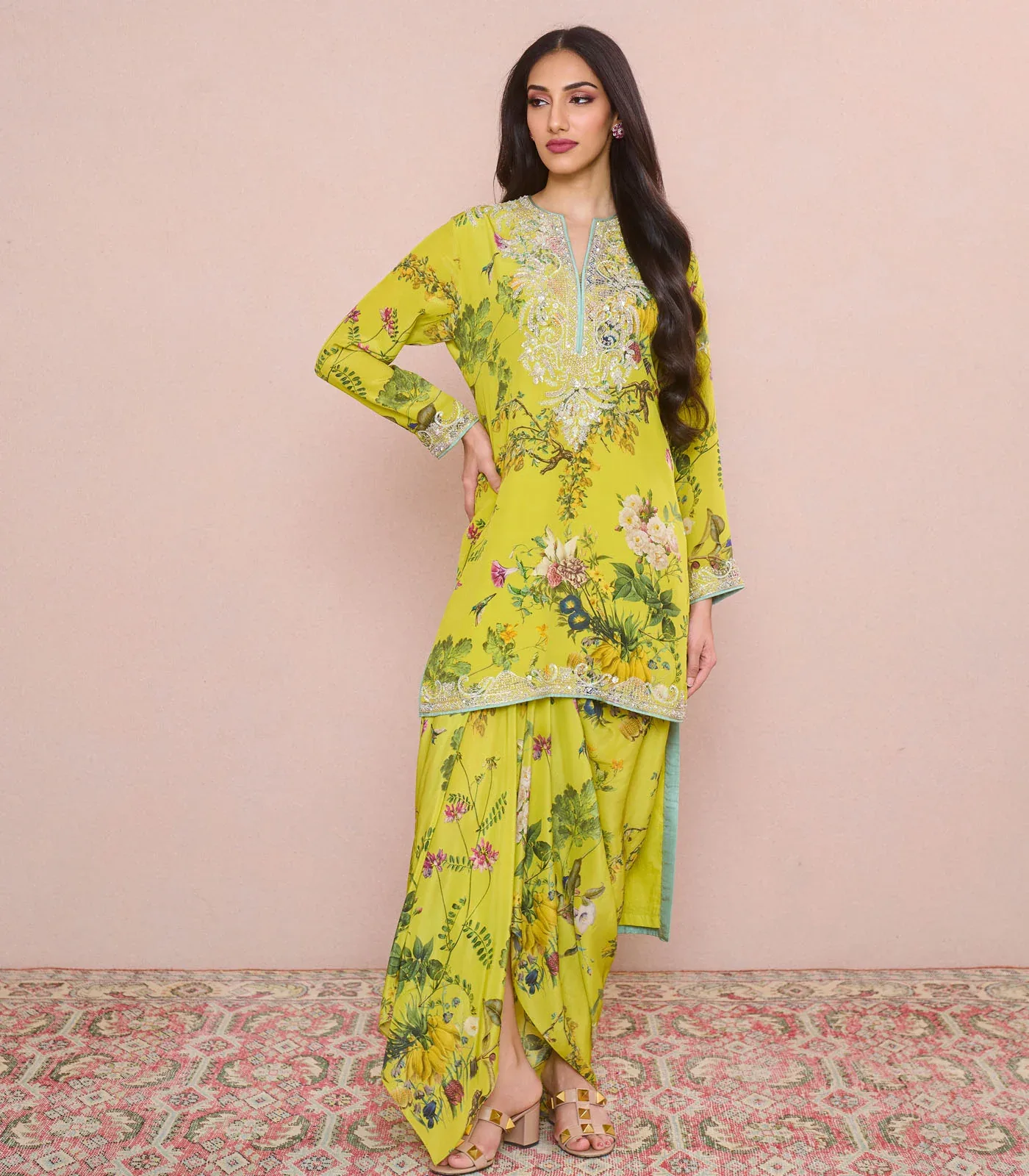 Chutney Green Printed Mahek High Low Kurta Set by Anushree Reddy