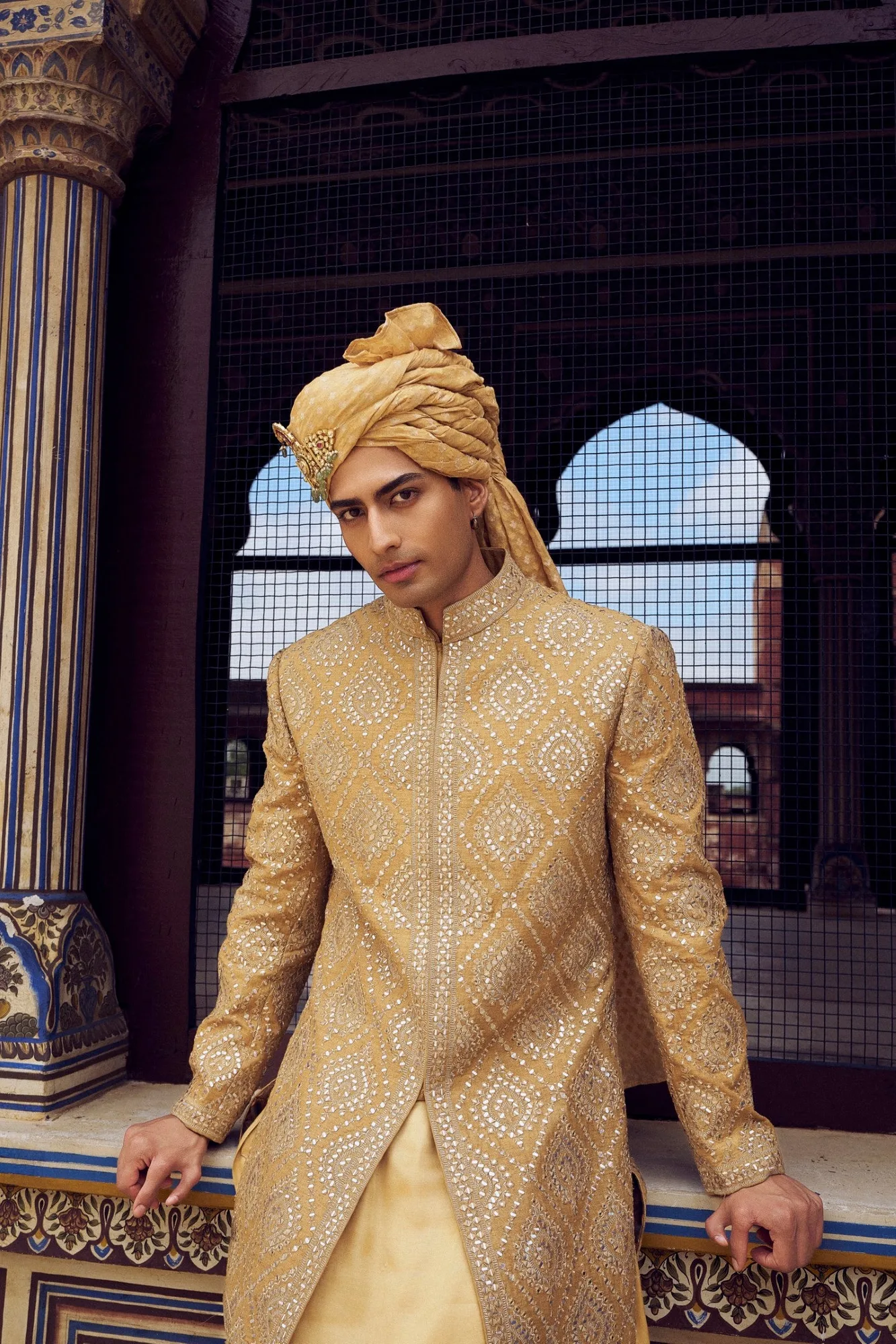 Gold Raw Silk Sherwani Set by Nitika Gujral, view 2