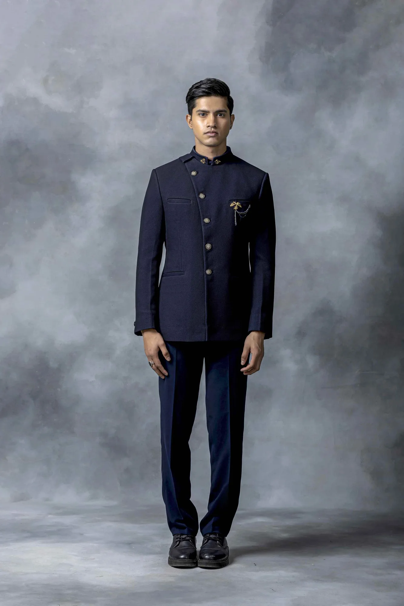 Navy Angrakha Bandhgala Set by Sarab Khanijou