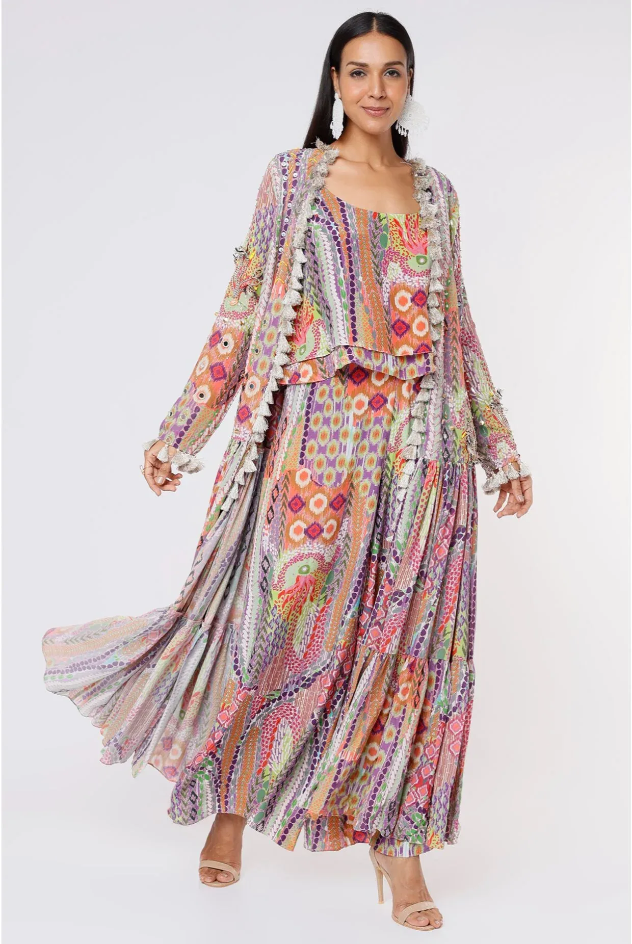 African Print Georgette Embroidered Frill Jacket with Crepe Two Layer Top and Palazzo by Payal Singhal